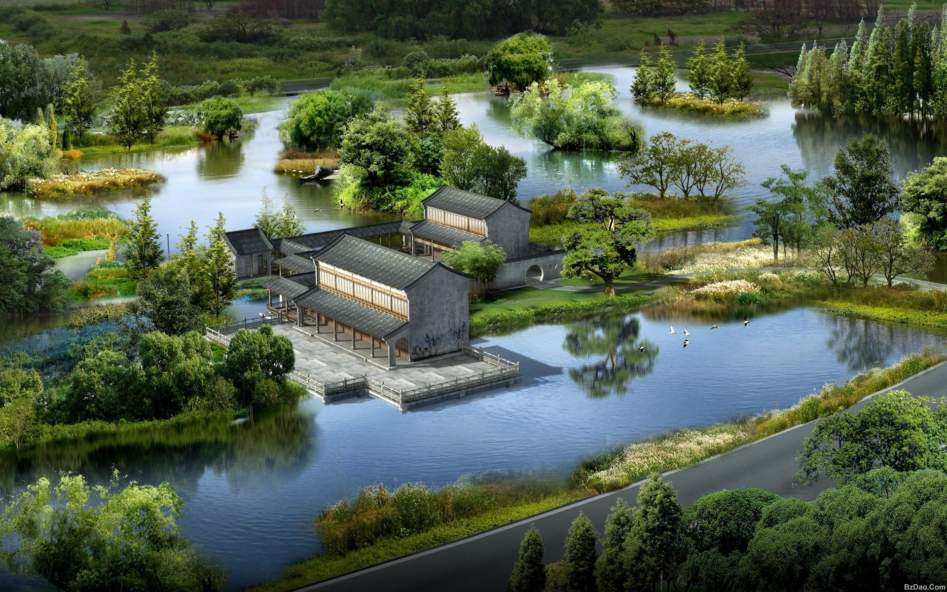 自然风光 湿地 树林 小溪 园林 庭院