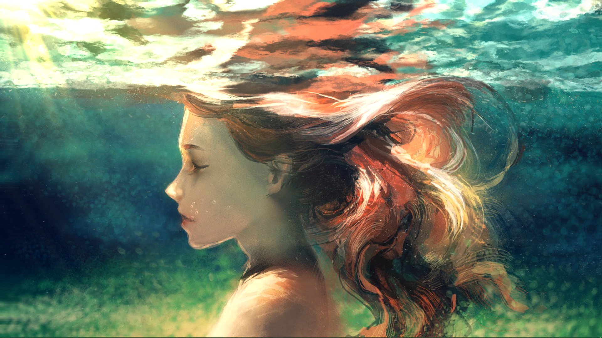 卡通人物 女孩 阳光 水下