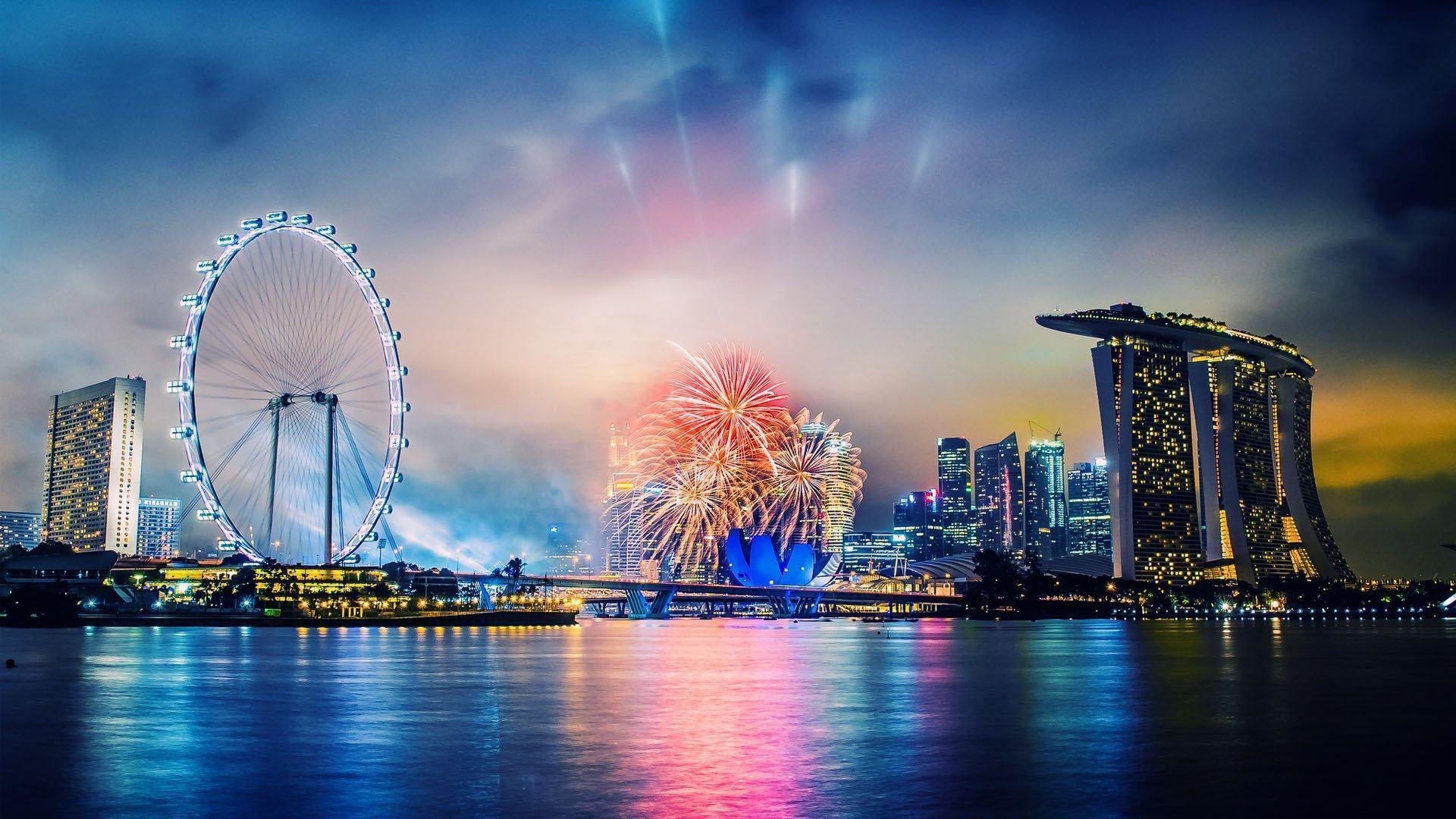 城市夜景 新加坡 烟火