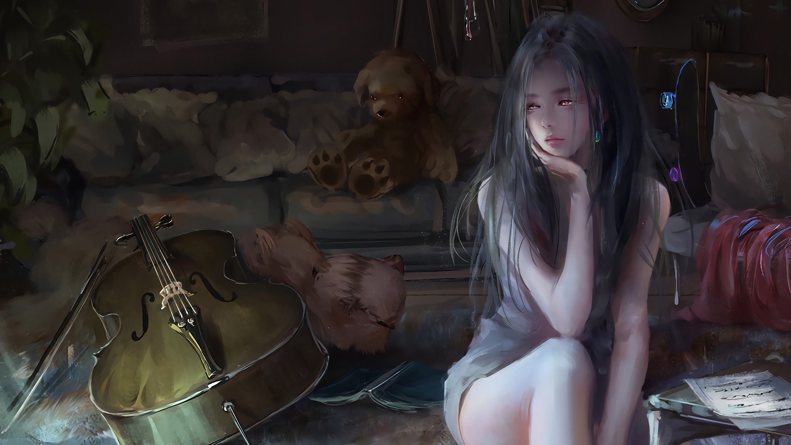 大提琴 油画 女孩 长发 五线谱