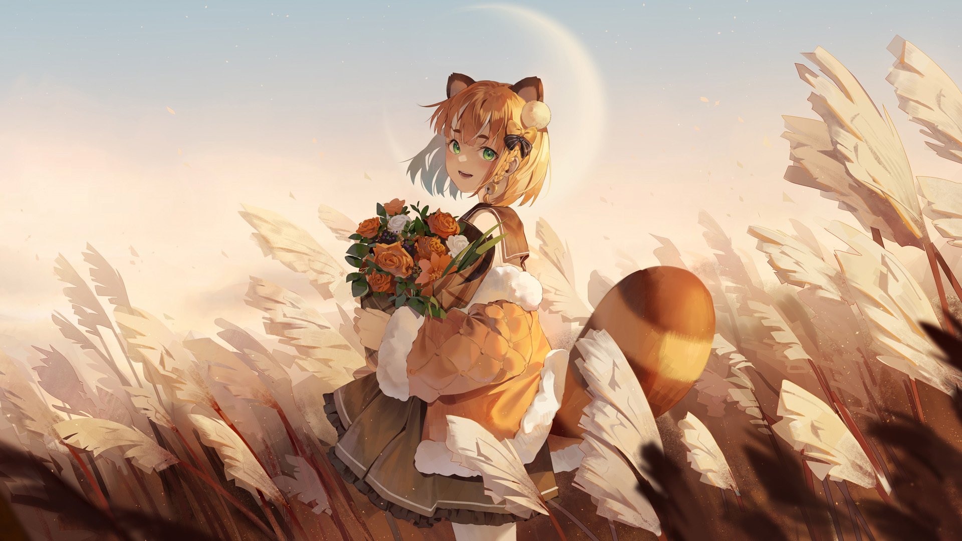 芦苇 鲜花 兽耳 狐狸 月亮