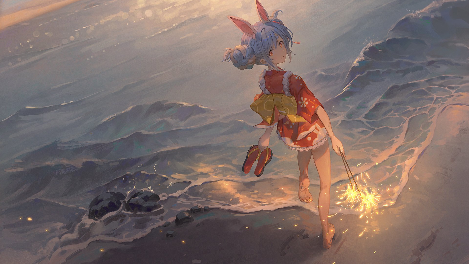 海滩 兔子耳朵 烟火 海浪