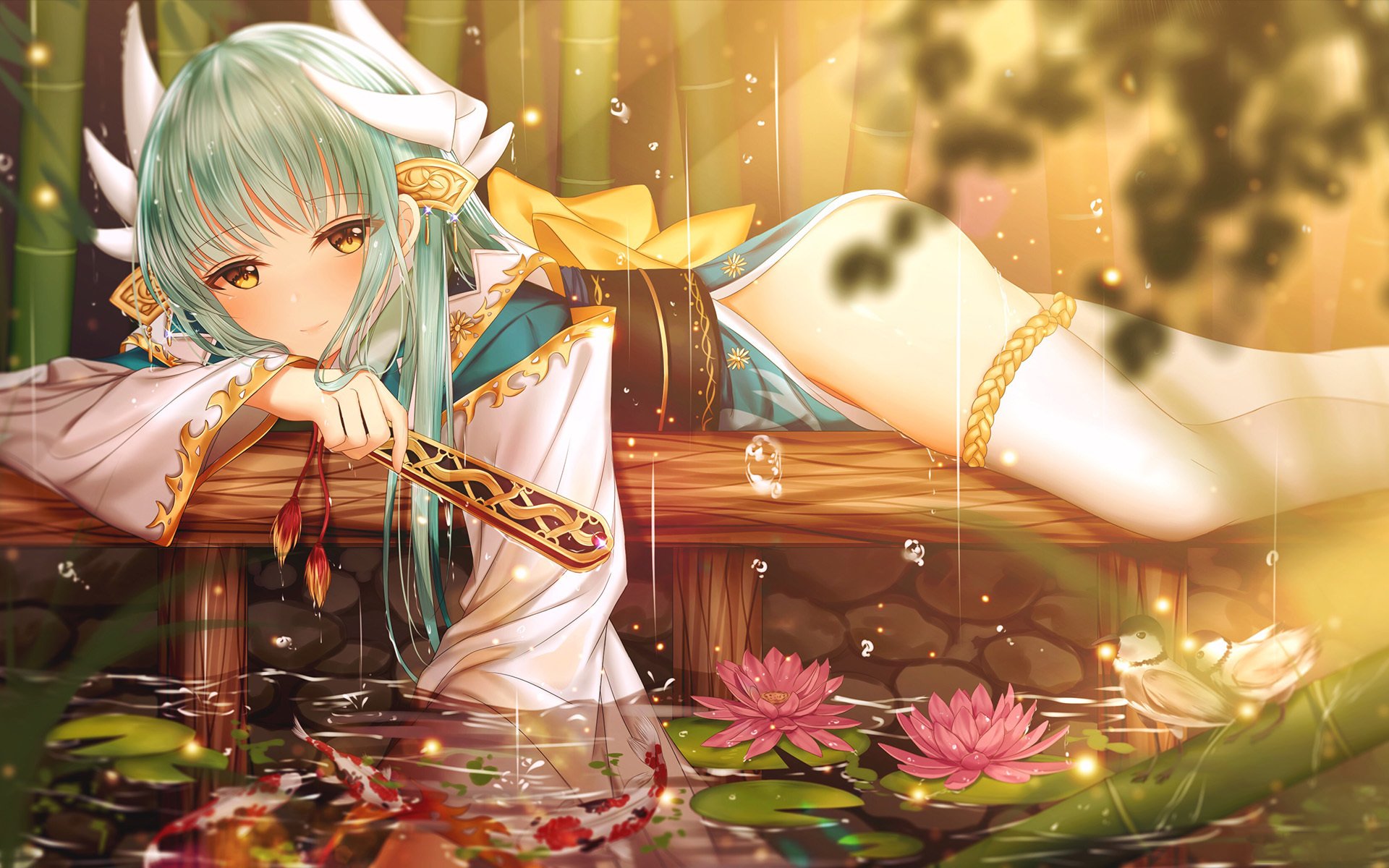 卡通人物 二次元 雨 水池 荷花