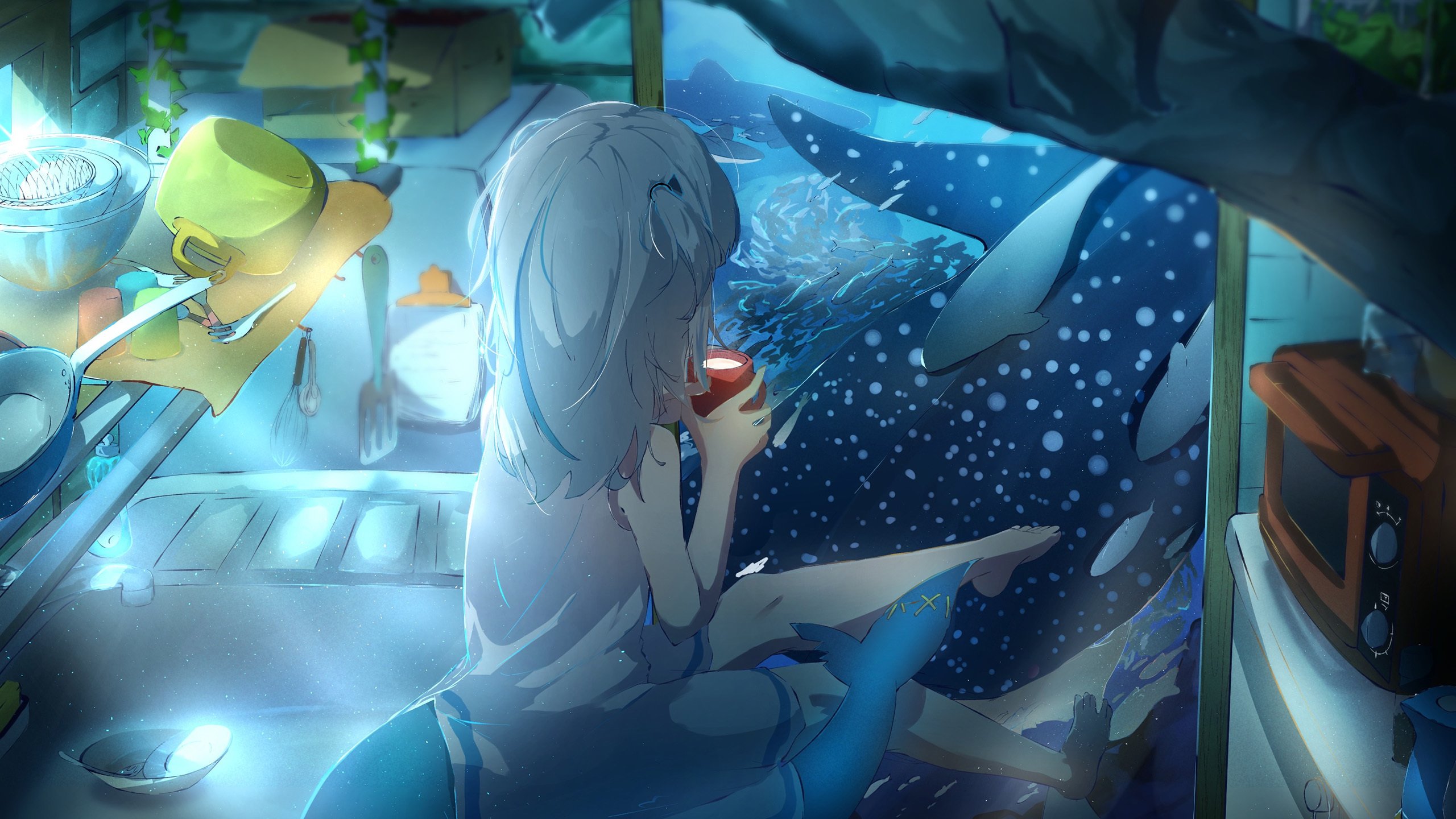 人鱼女孩 电视机 海边小屋