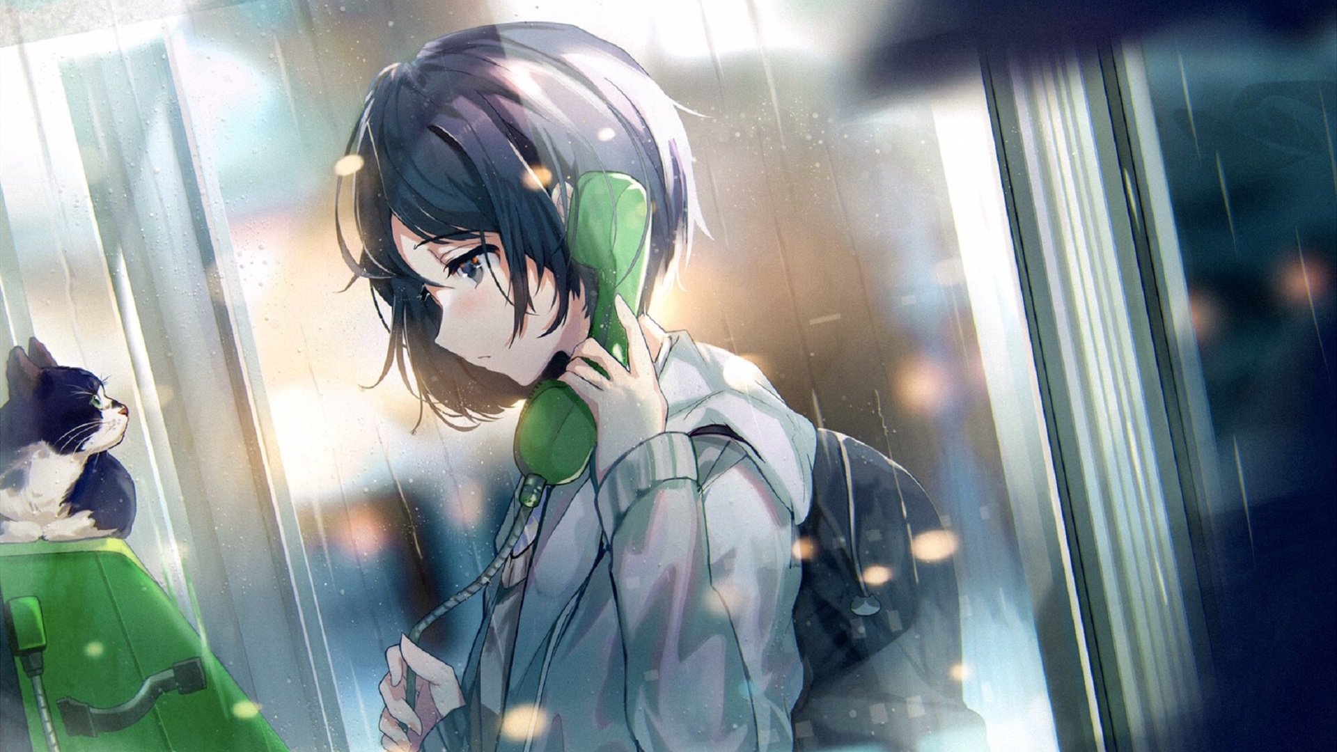 卡通人物 电话亭 猫咪 雨