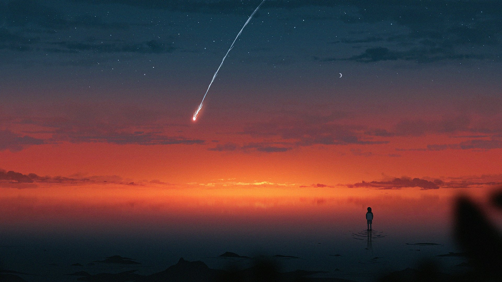 流星 黄昏 孤独 湖面