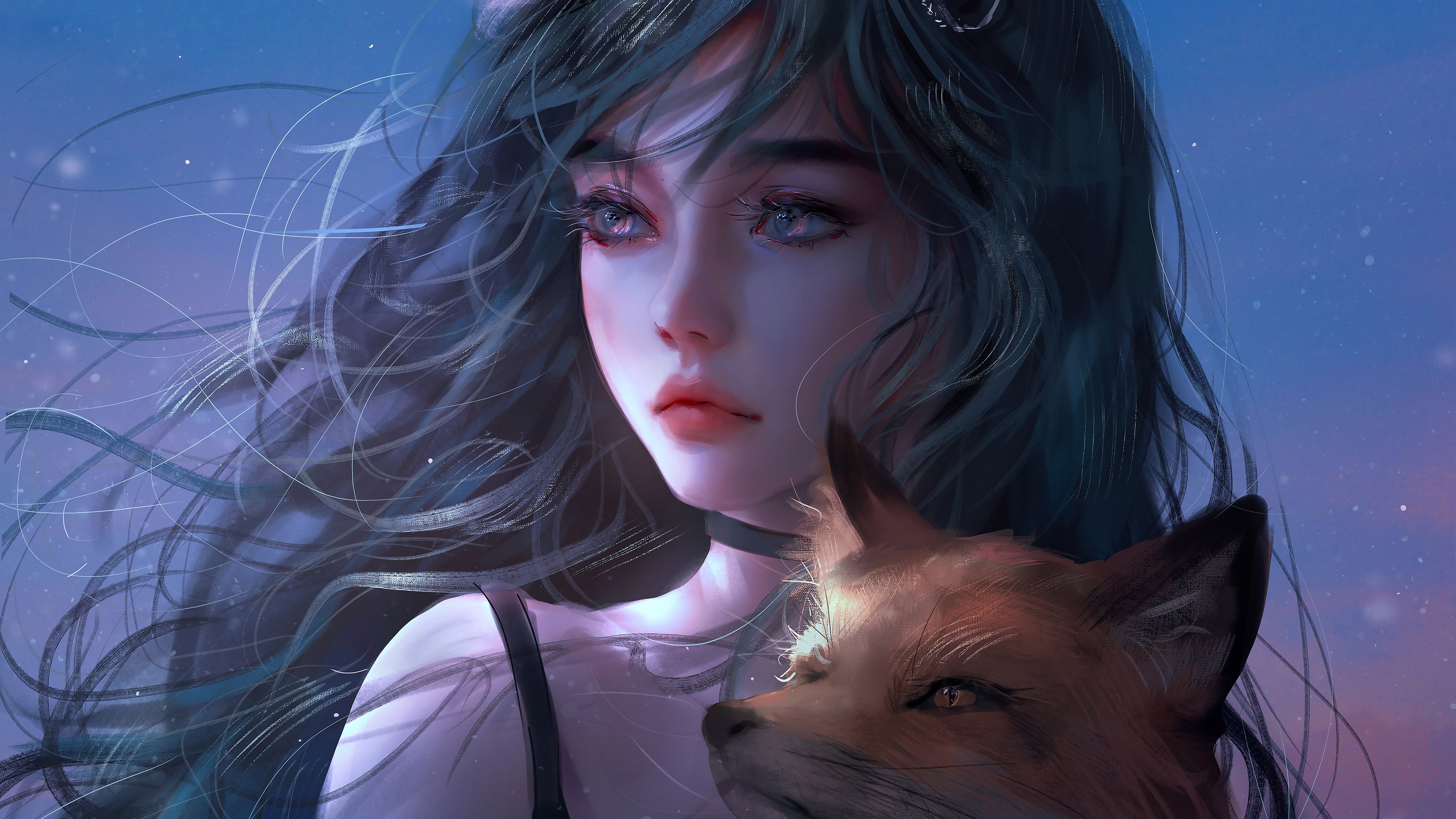 少女长发 女孩 狐狸