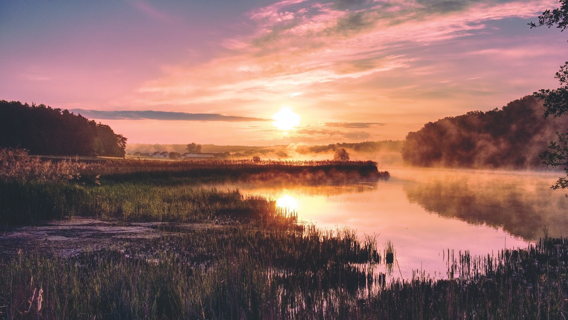 落日余晖 湖 晚霞 日出 雾
