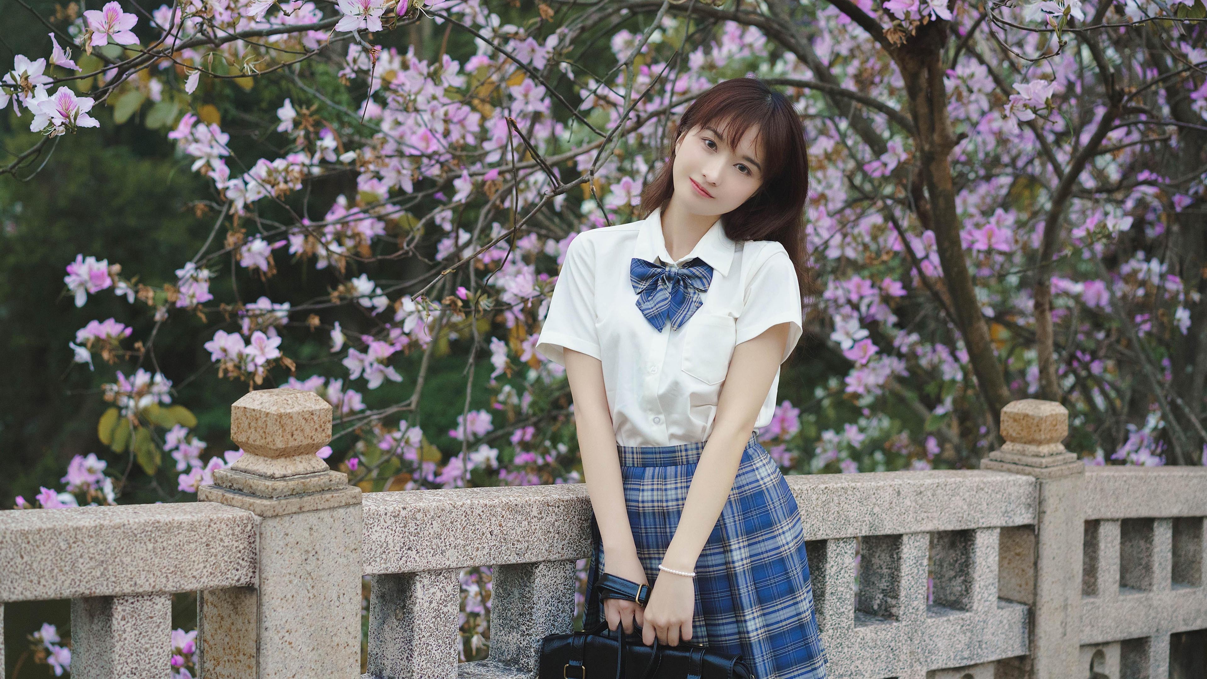 清纯 学生 校服 樱花 石桥 制服