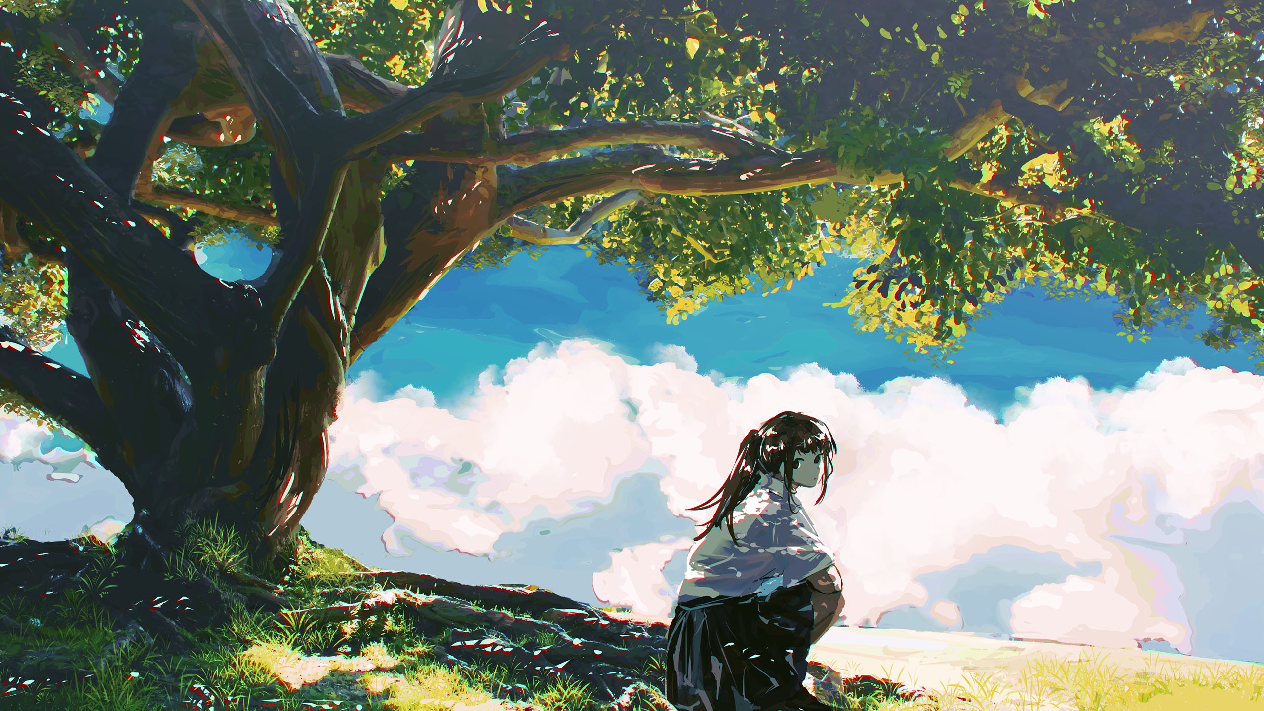 树荫下 白云 长发女孩