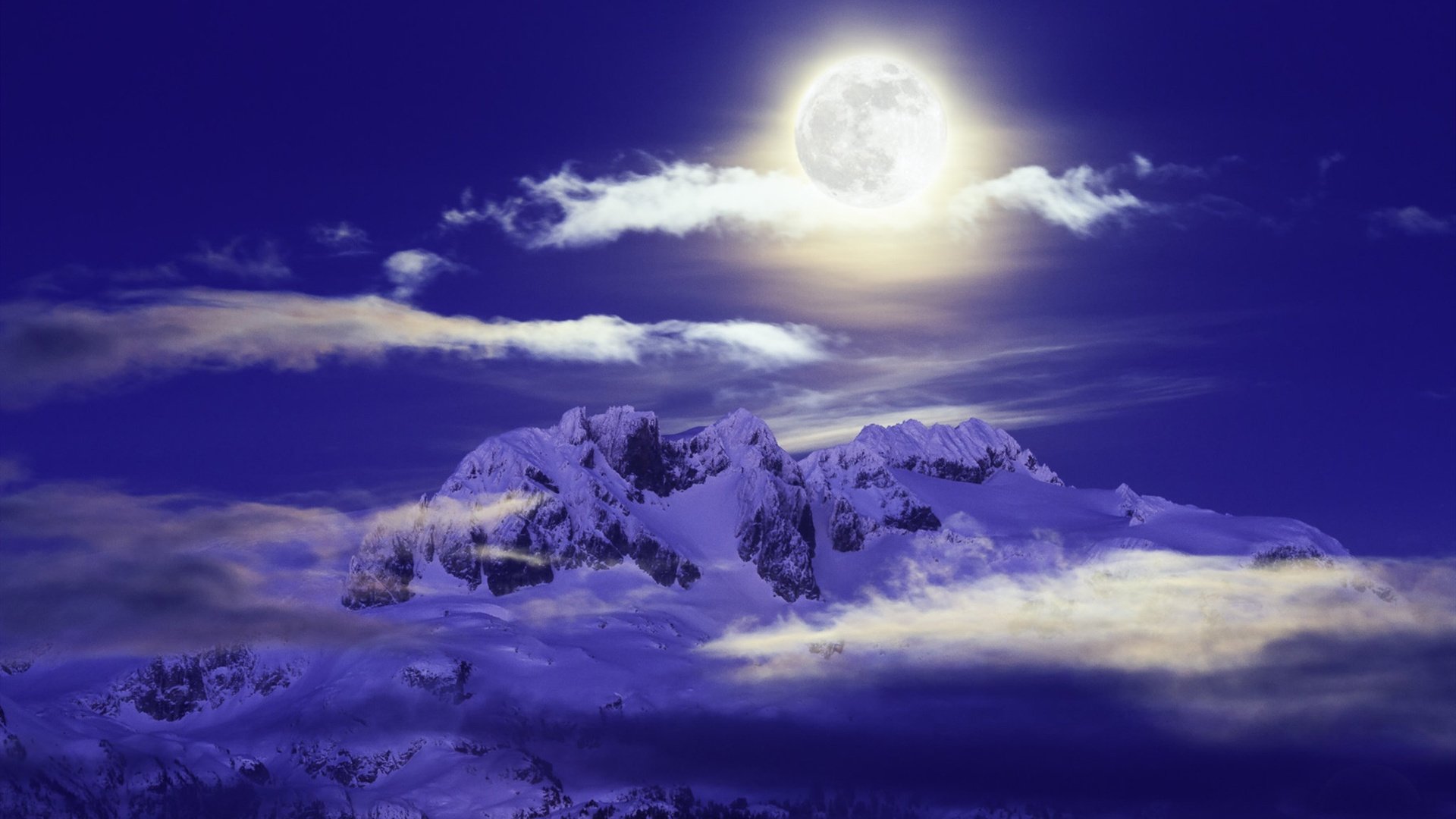 自然风光 雪山 月亮 云彩