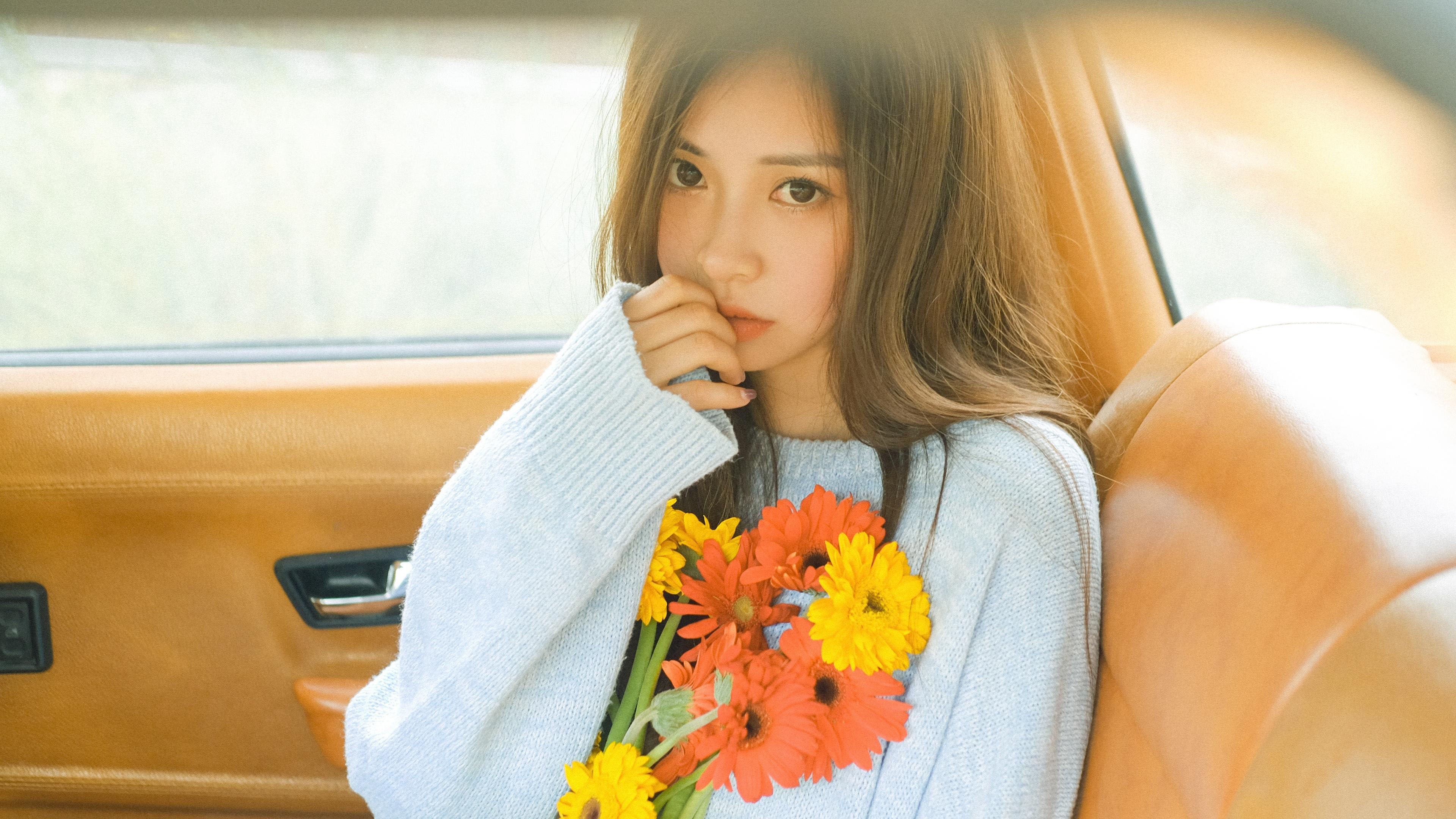 清纯 菊花 浅色毛衣