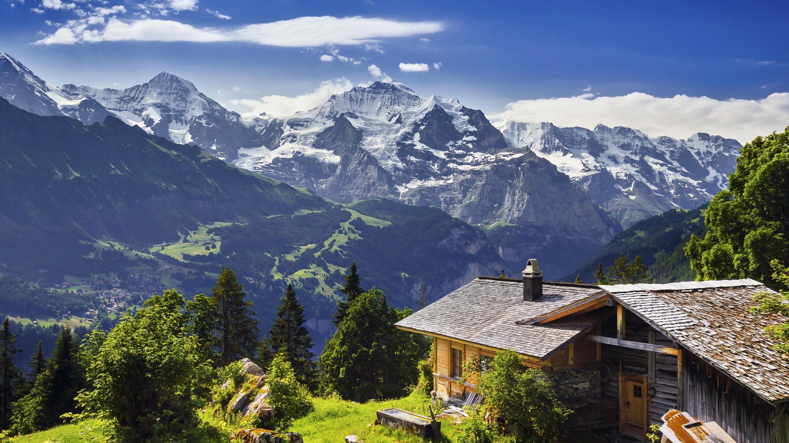 自然风光 阿尔卑斯 雪山 山峰 小屋