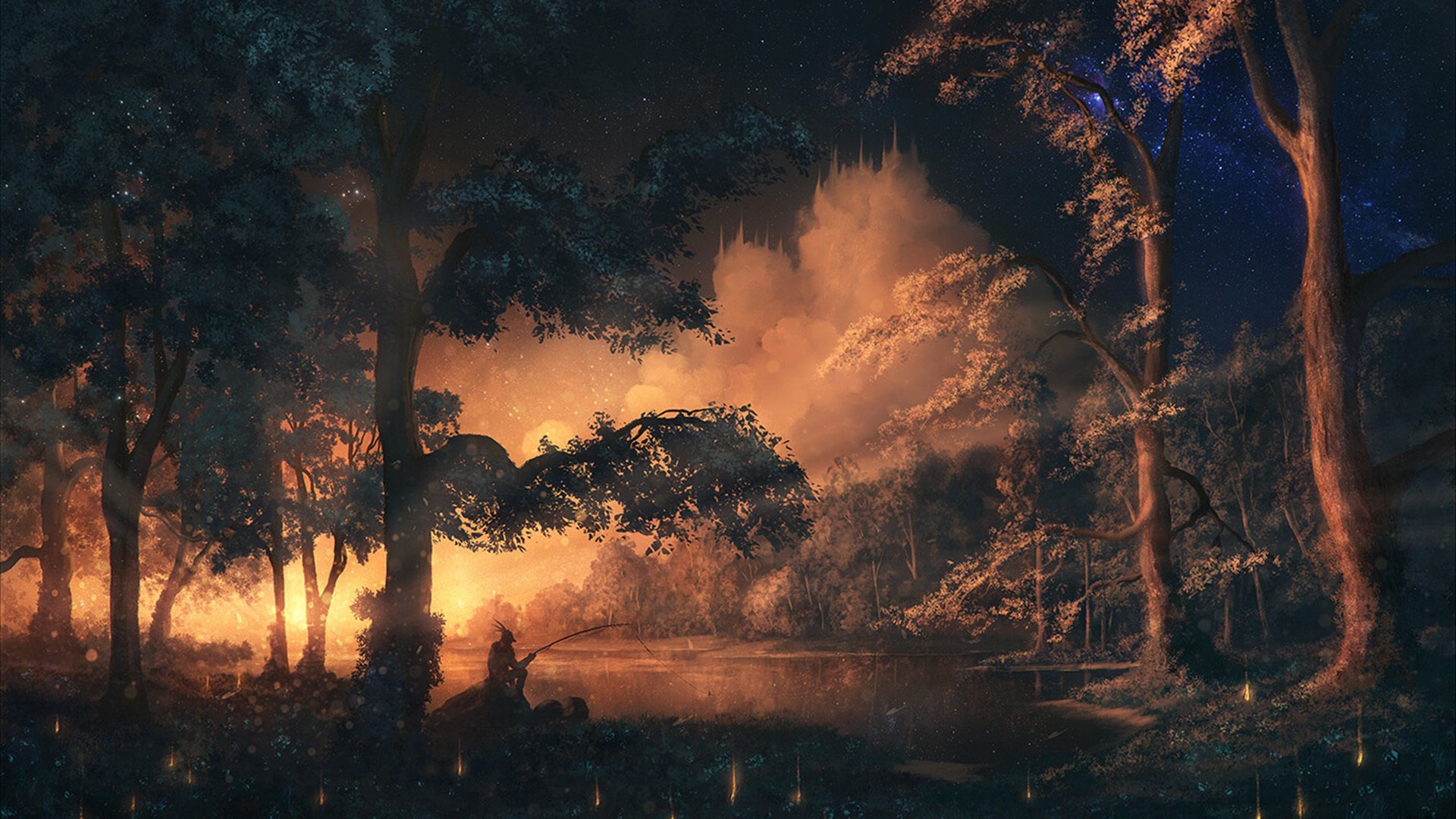 日出 垂钓 阳光 森林 树林