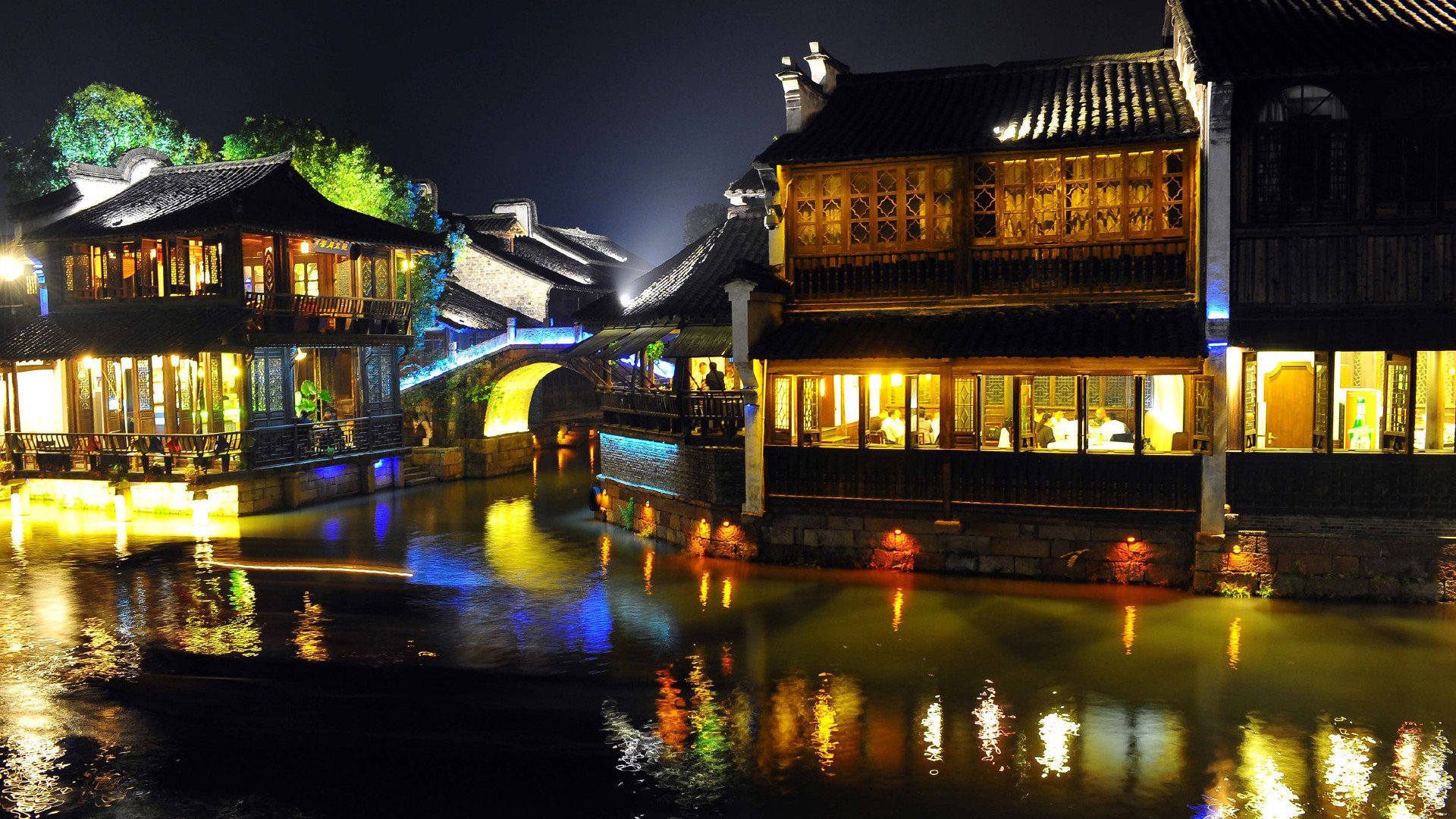 城市夜景  夜晚  小桥流水