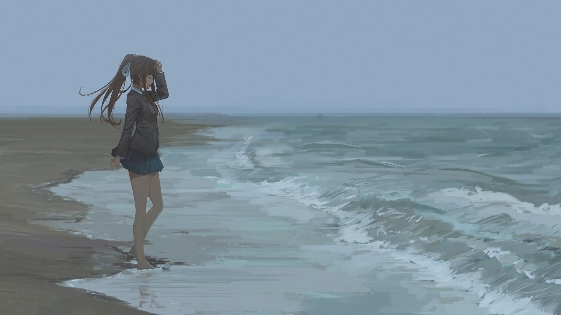 海浪 沙滩 长发女孩 油画