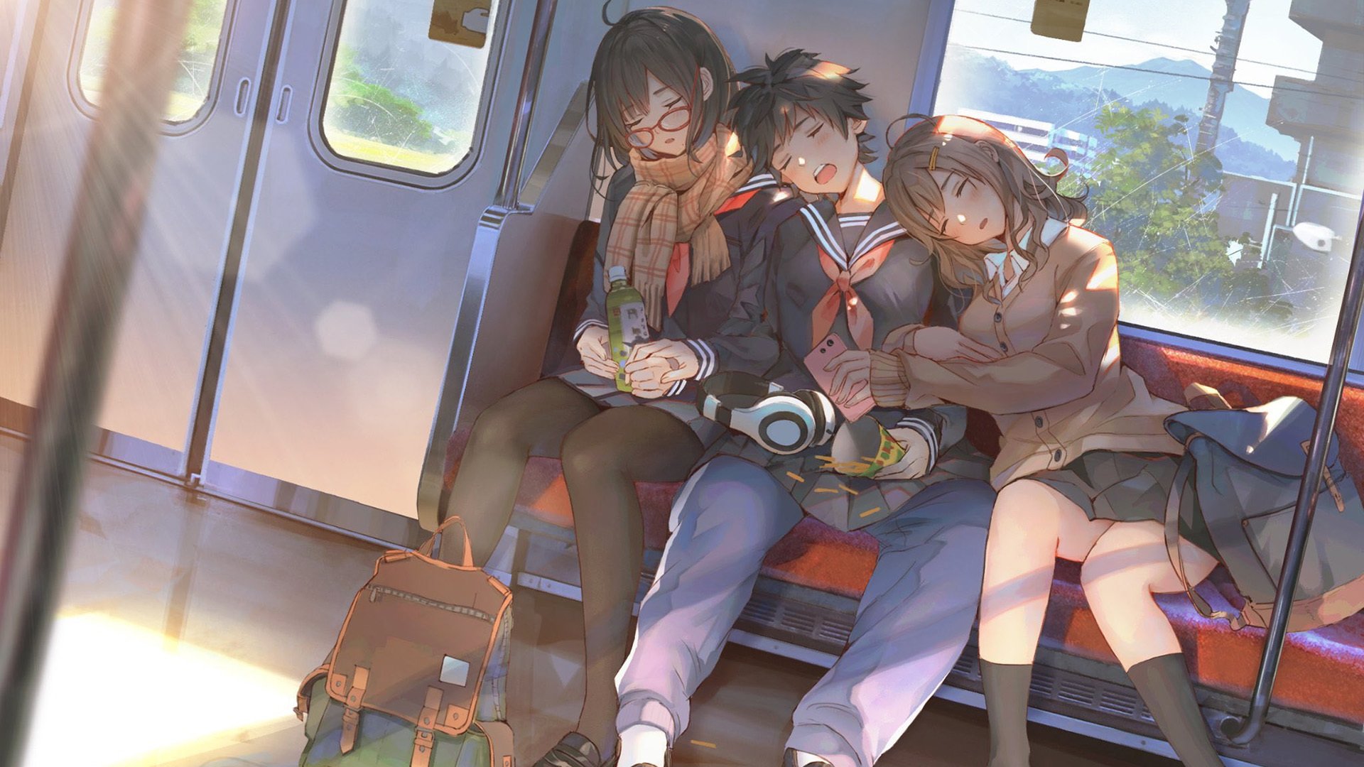 二次元 电车 放学 睡觉 阳光