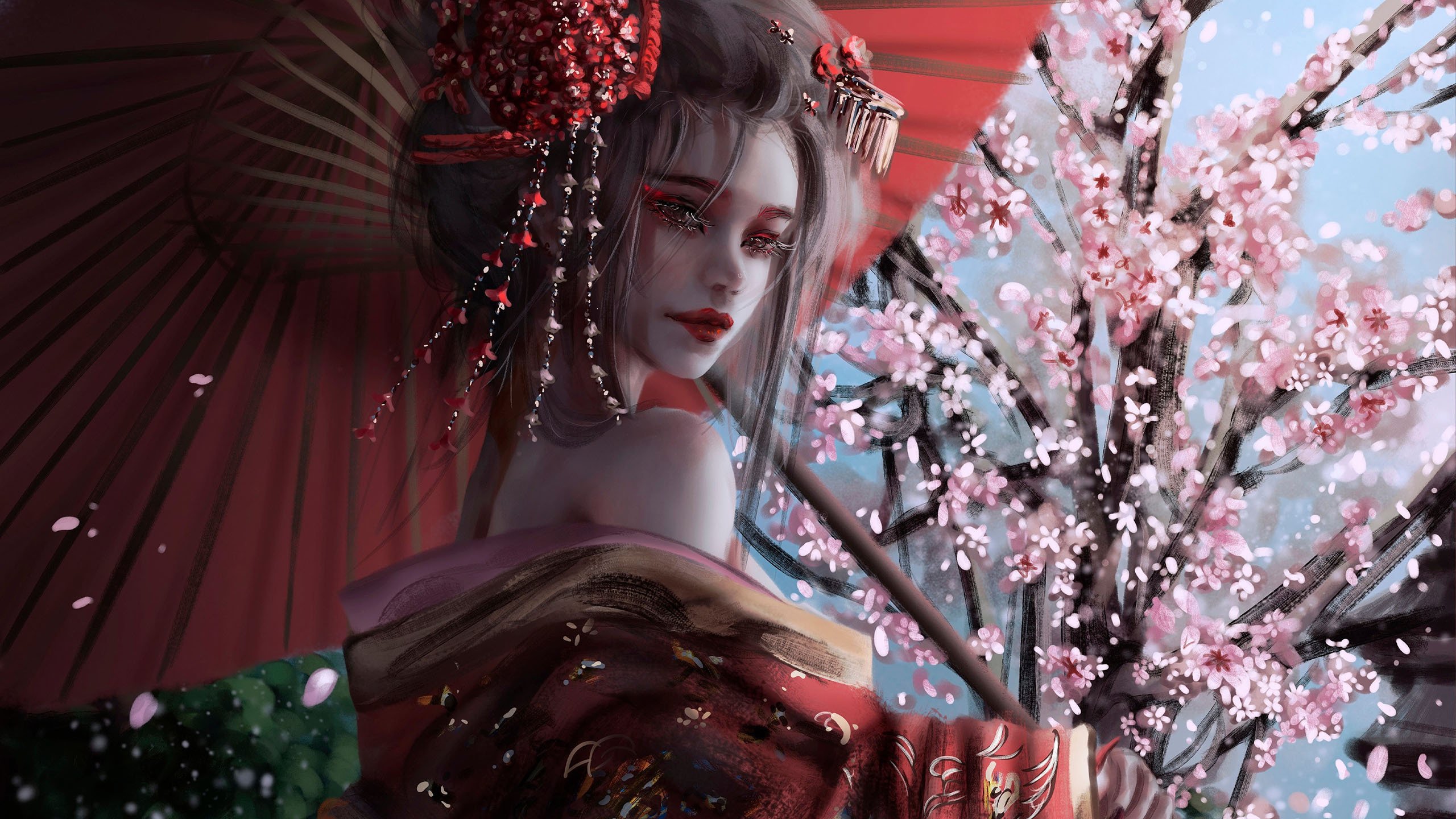 樱花 露肩 和服 伞