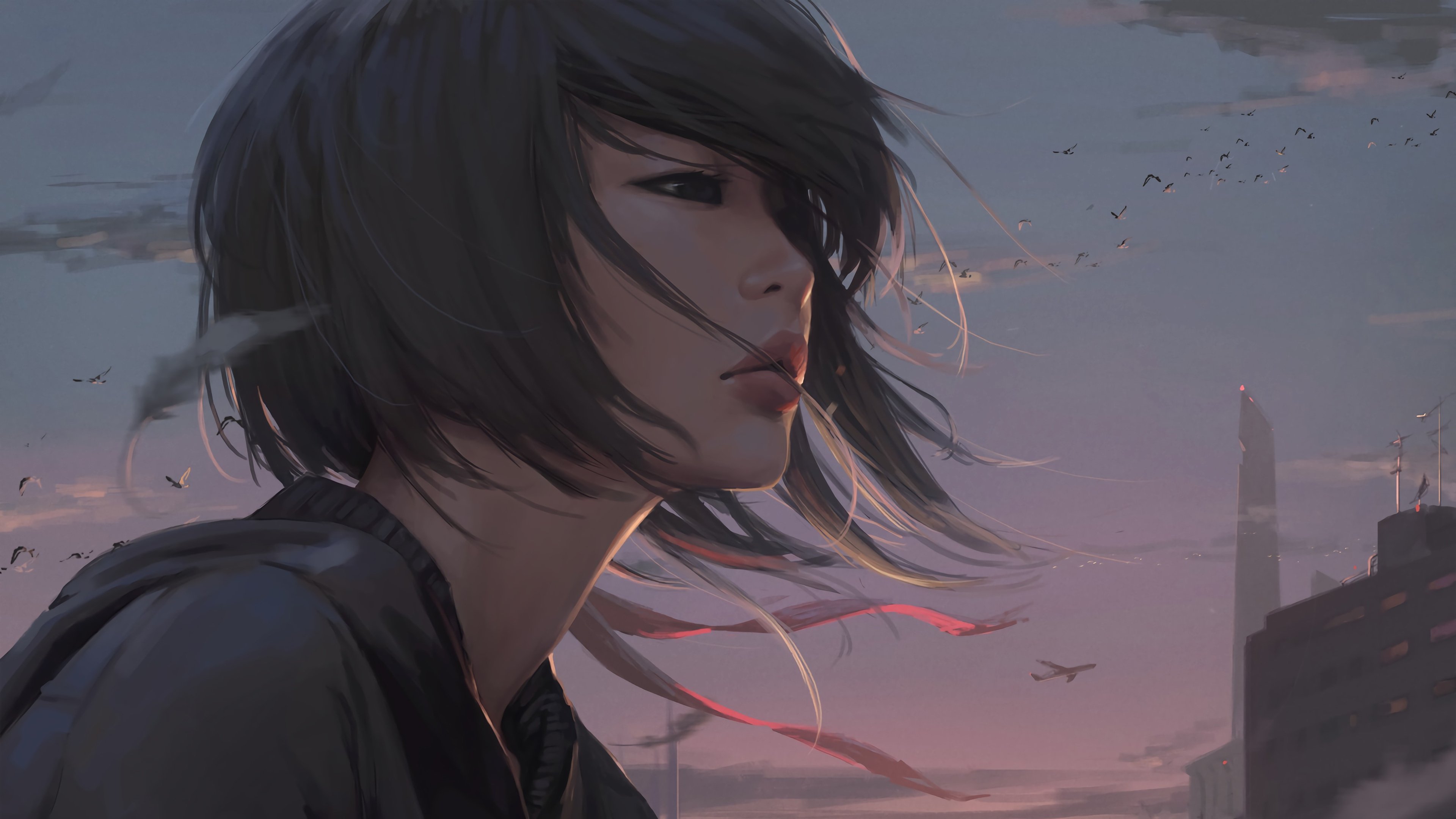 卡通人物 晚霞 微风 短发