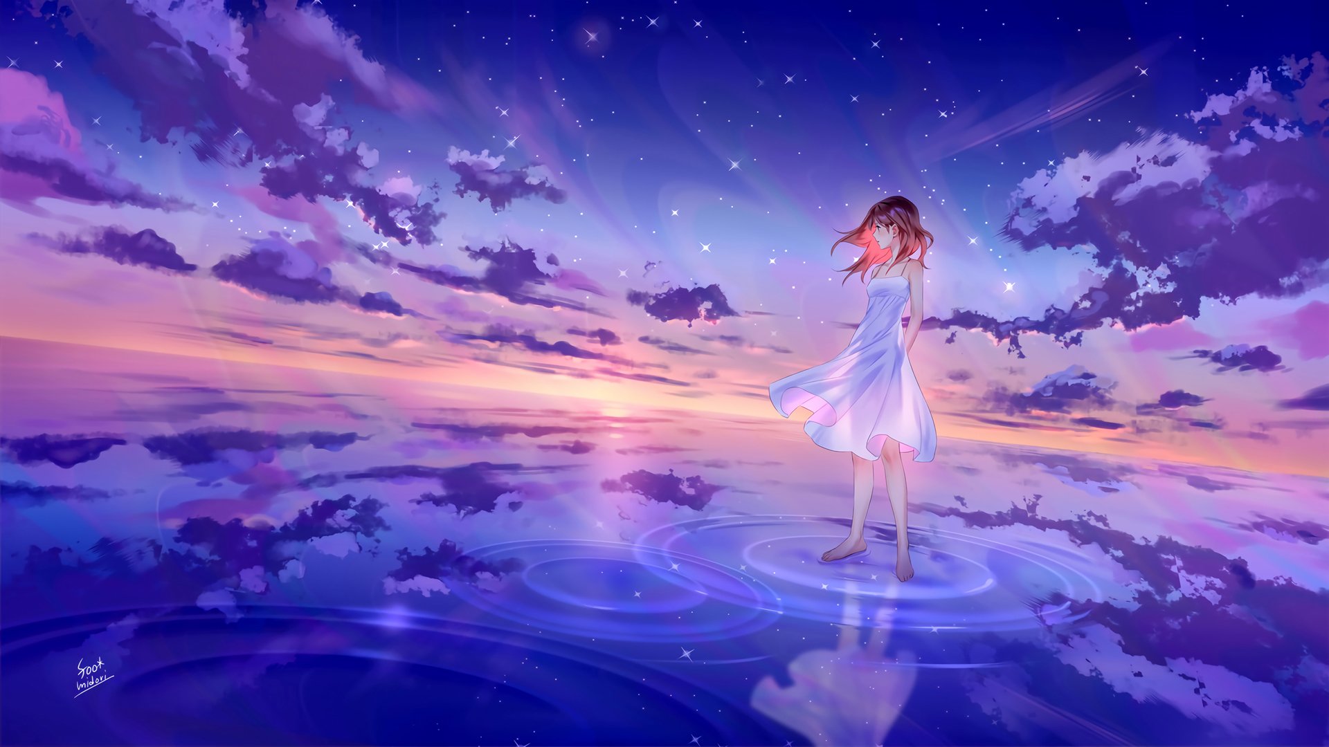 星空 海水 美少女 白色裙子