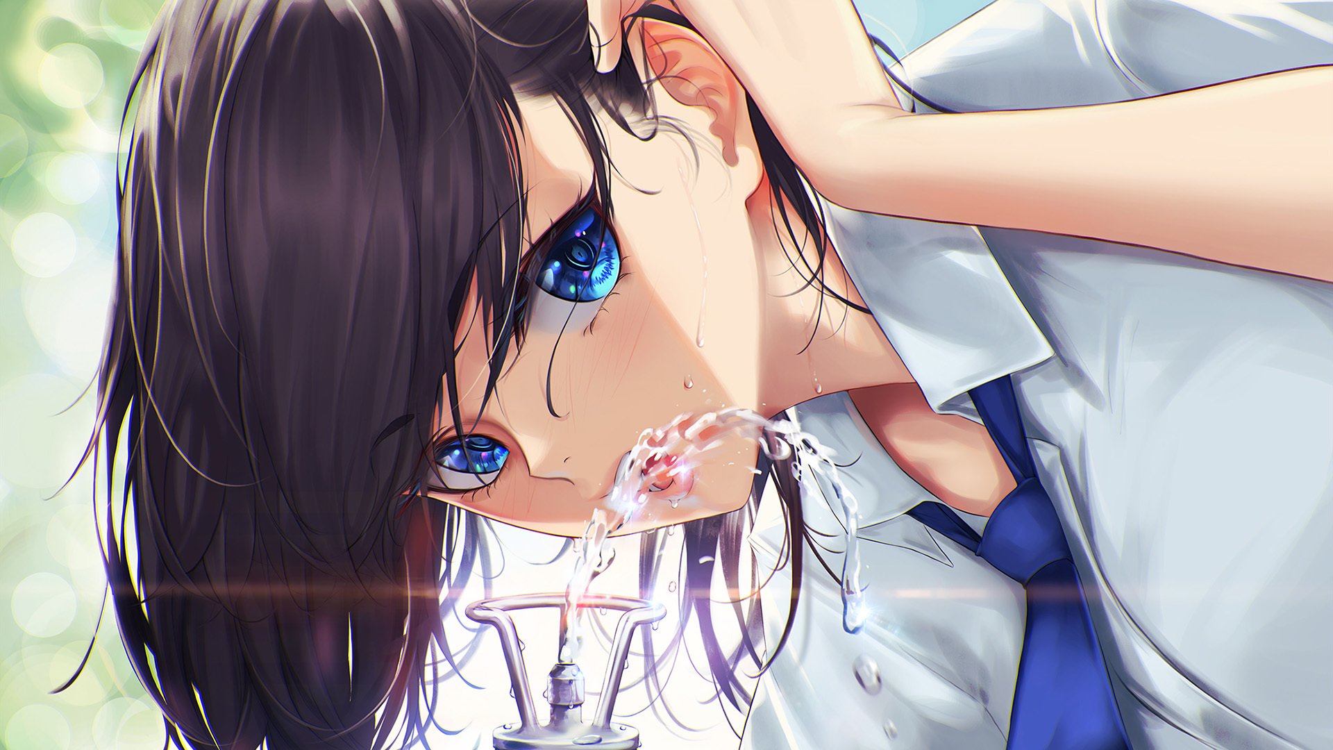 学姐 蓝眼睛 喝水 校服