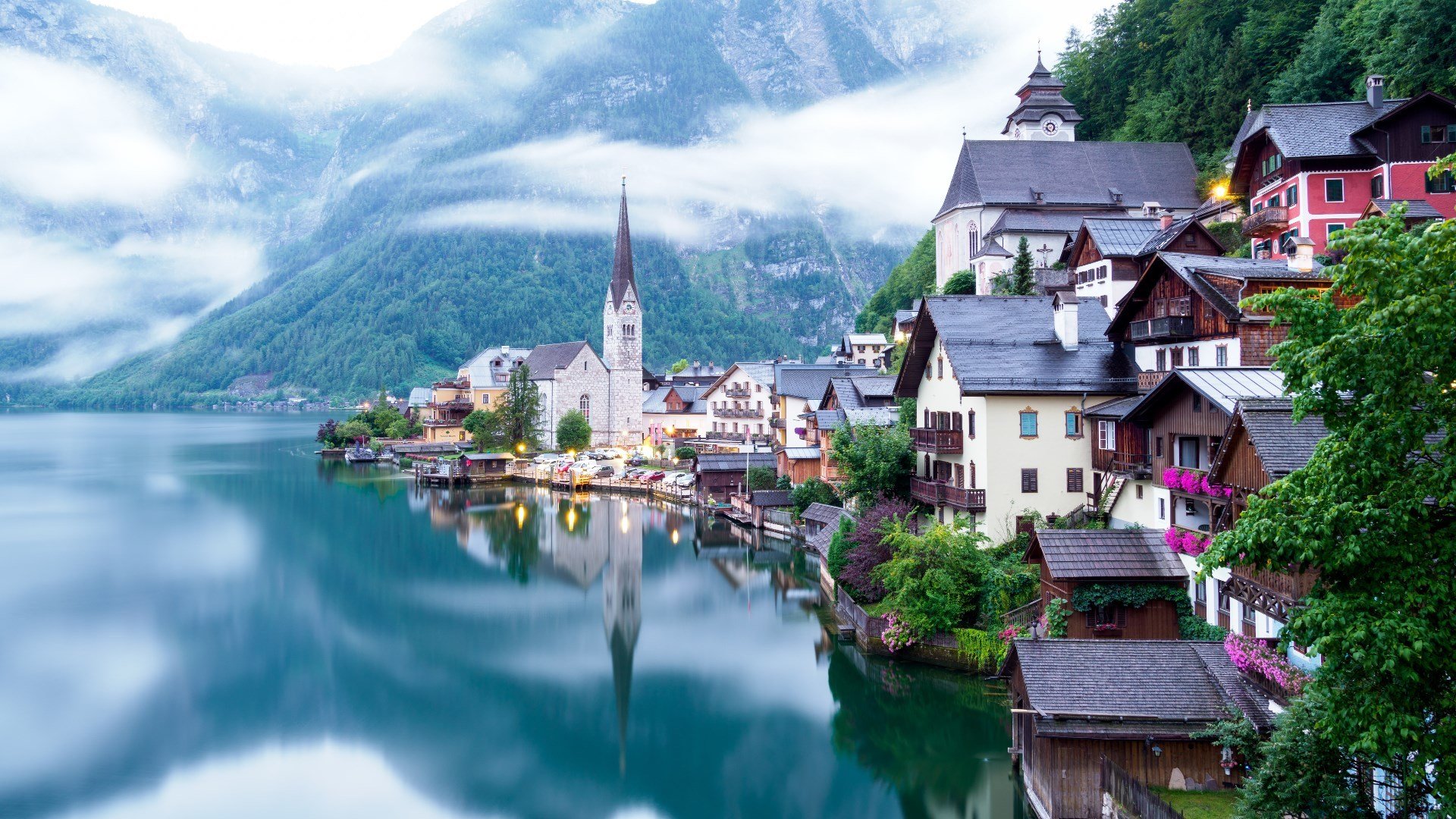 自然风光 小镇 雾 高山 欧洲