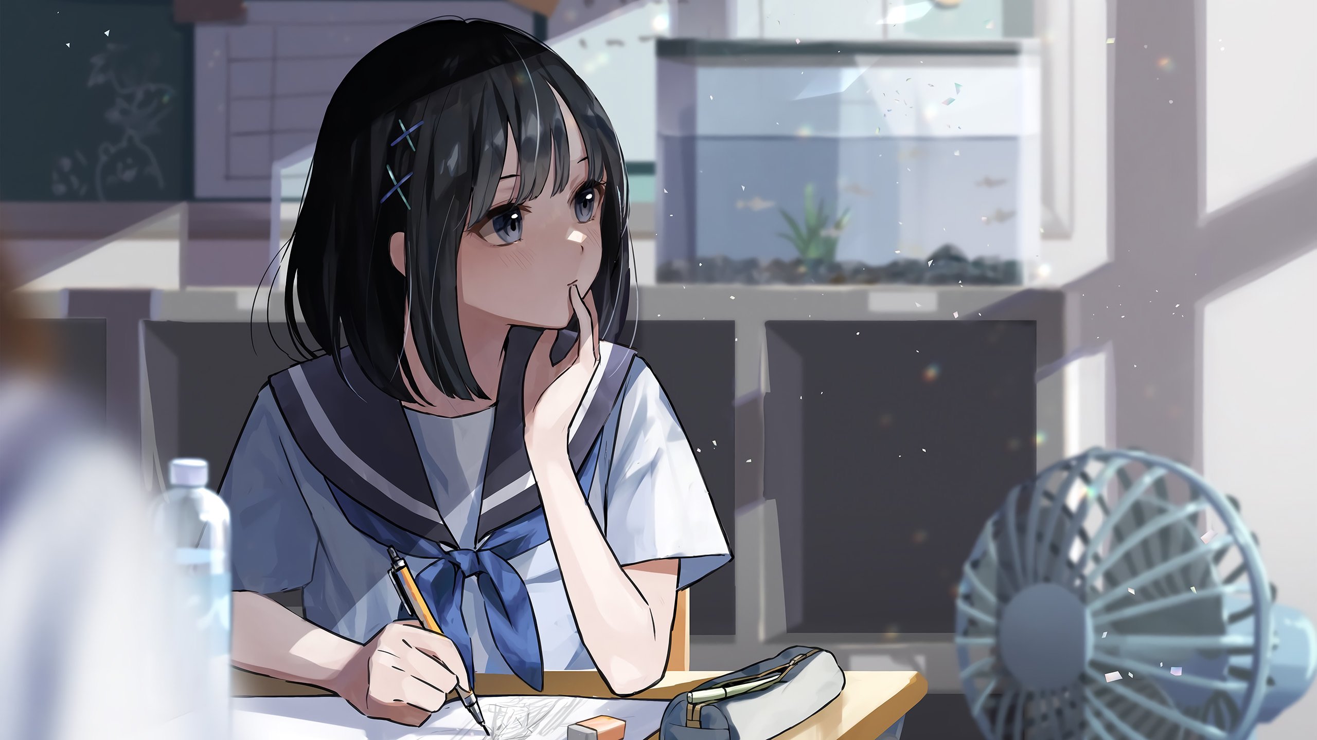 学妹 课堂 阳光 夏天 电风扇 教室