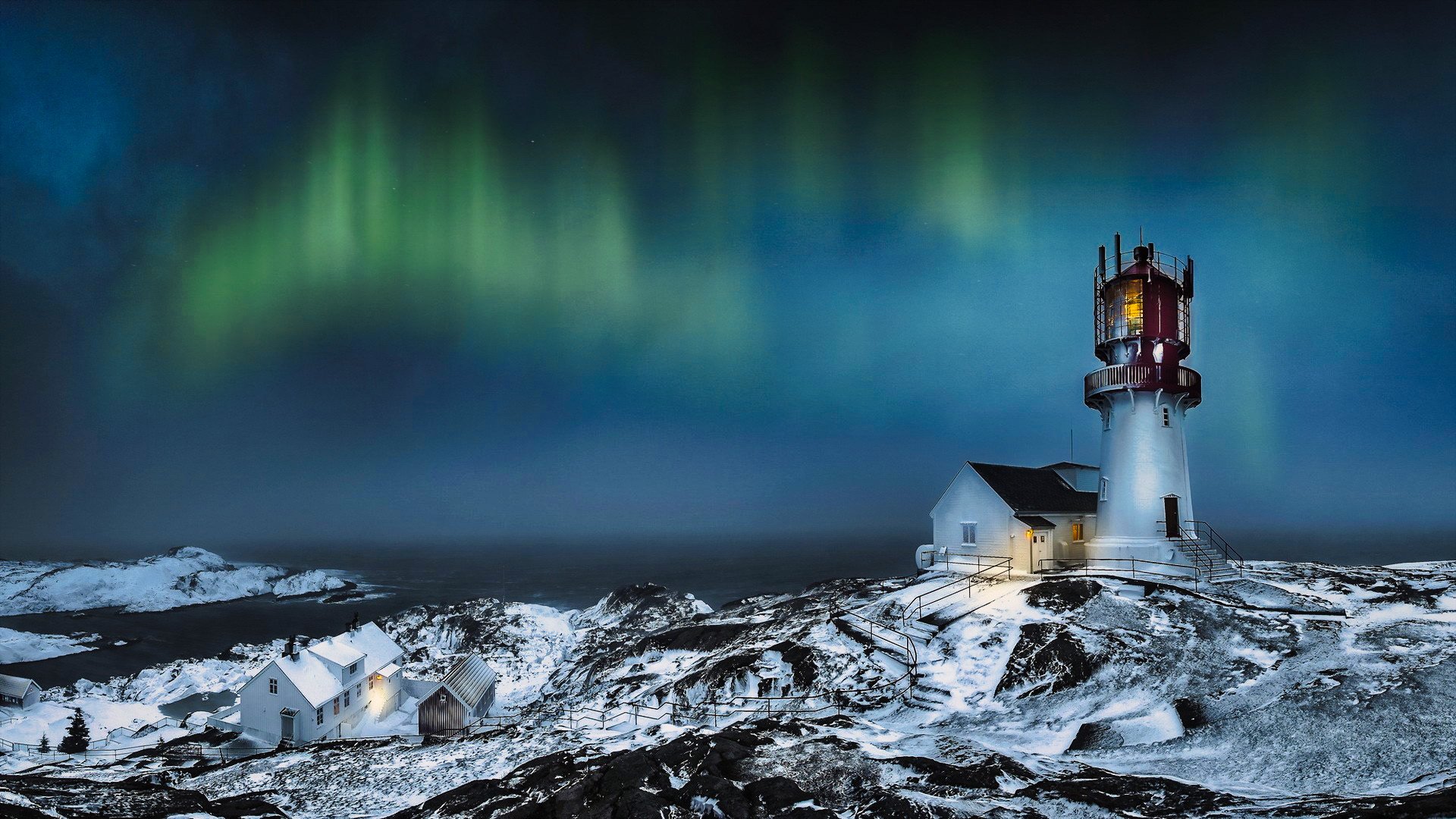 奇幻梦境 灯塔 极光 夜晚 北极