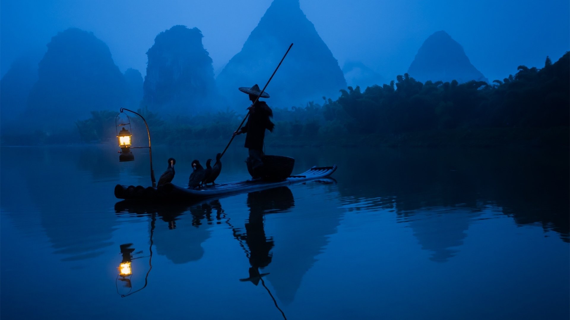 自然风光 桂林 夜晚 竹筏 渔民