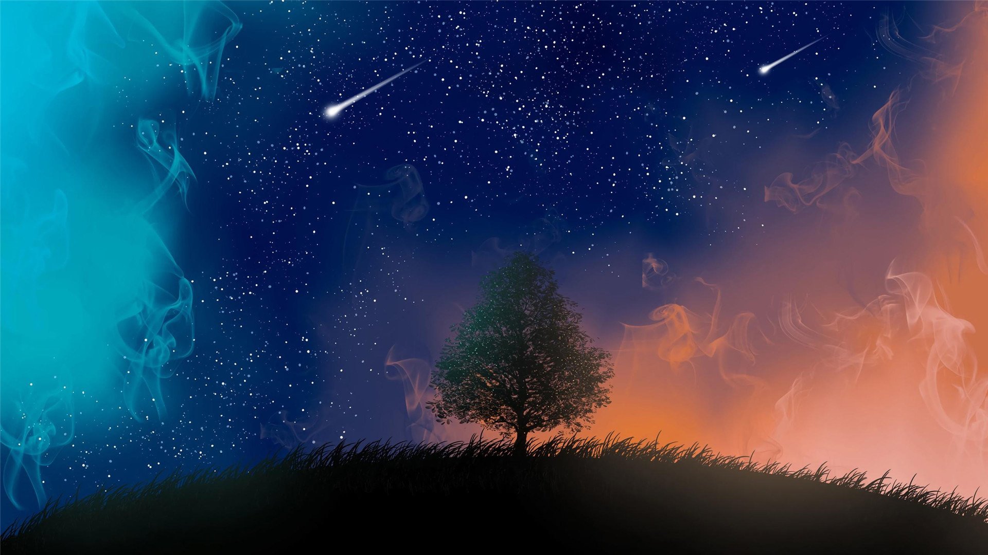 柏树 圣诞树 流星 夜空 彩色