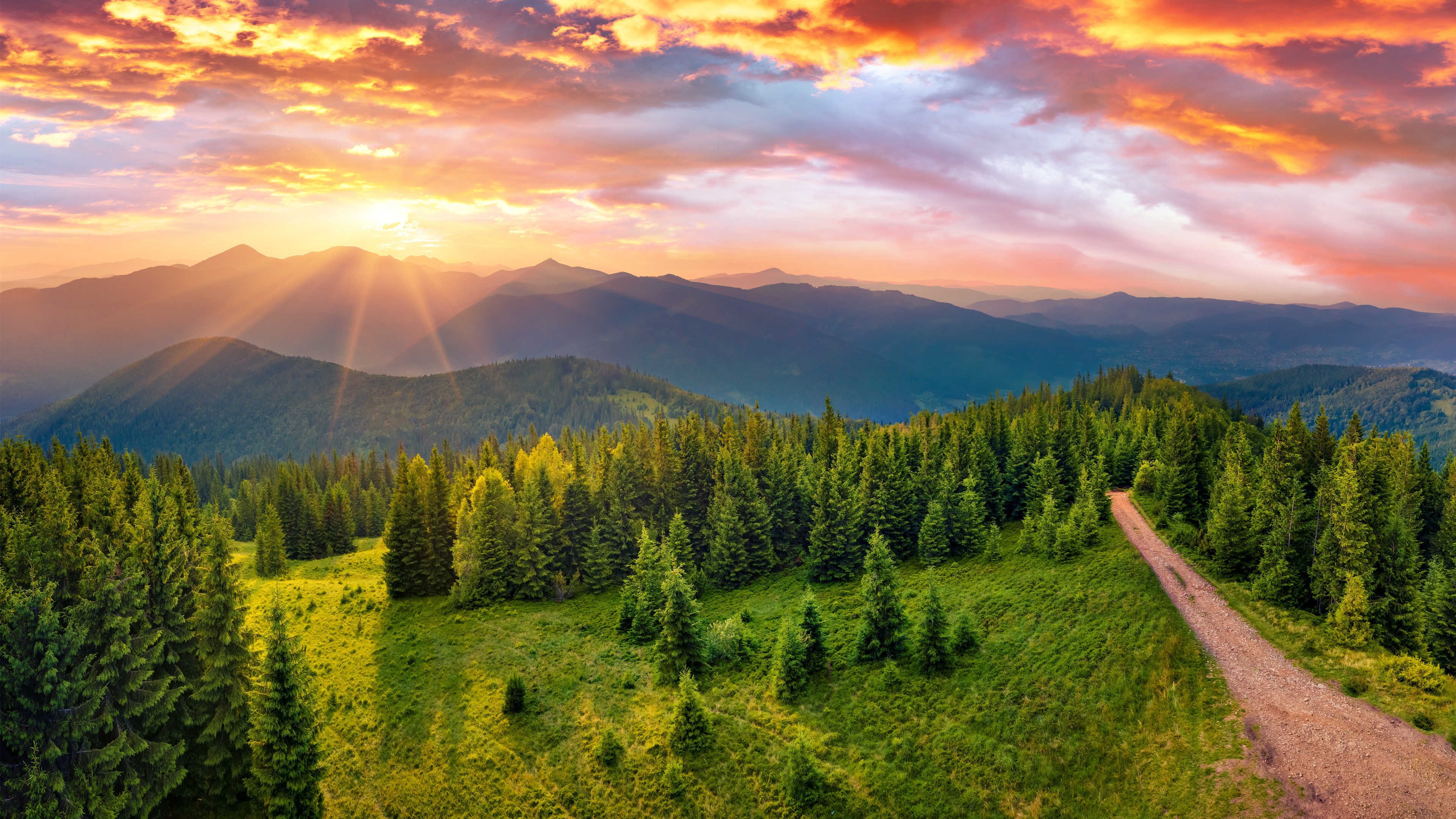 自然风光 日出 山峰 树林 彩云