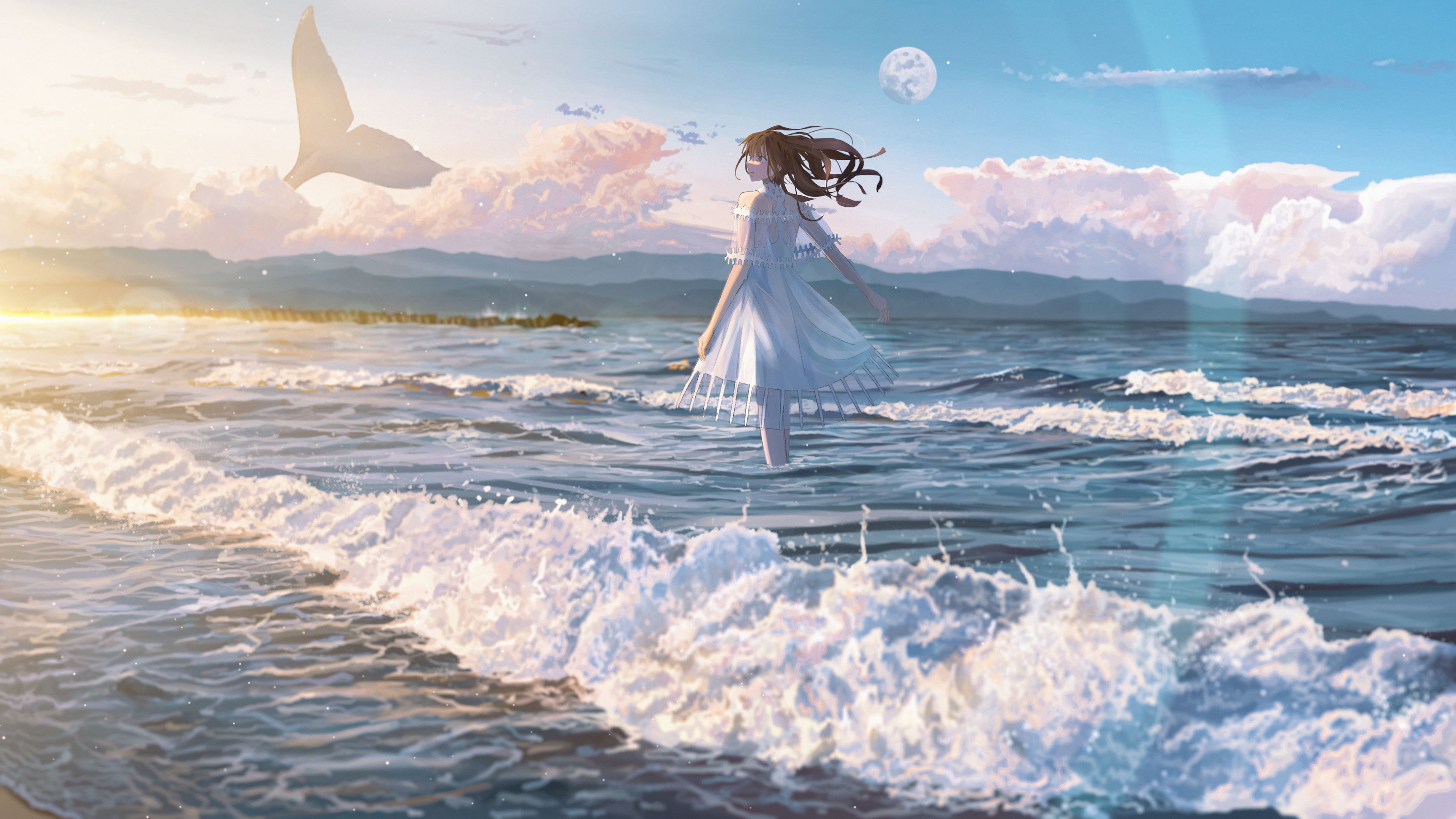 海浪 鲸鱼 长发女孩 黄昏
