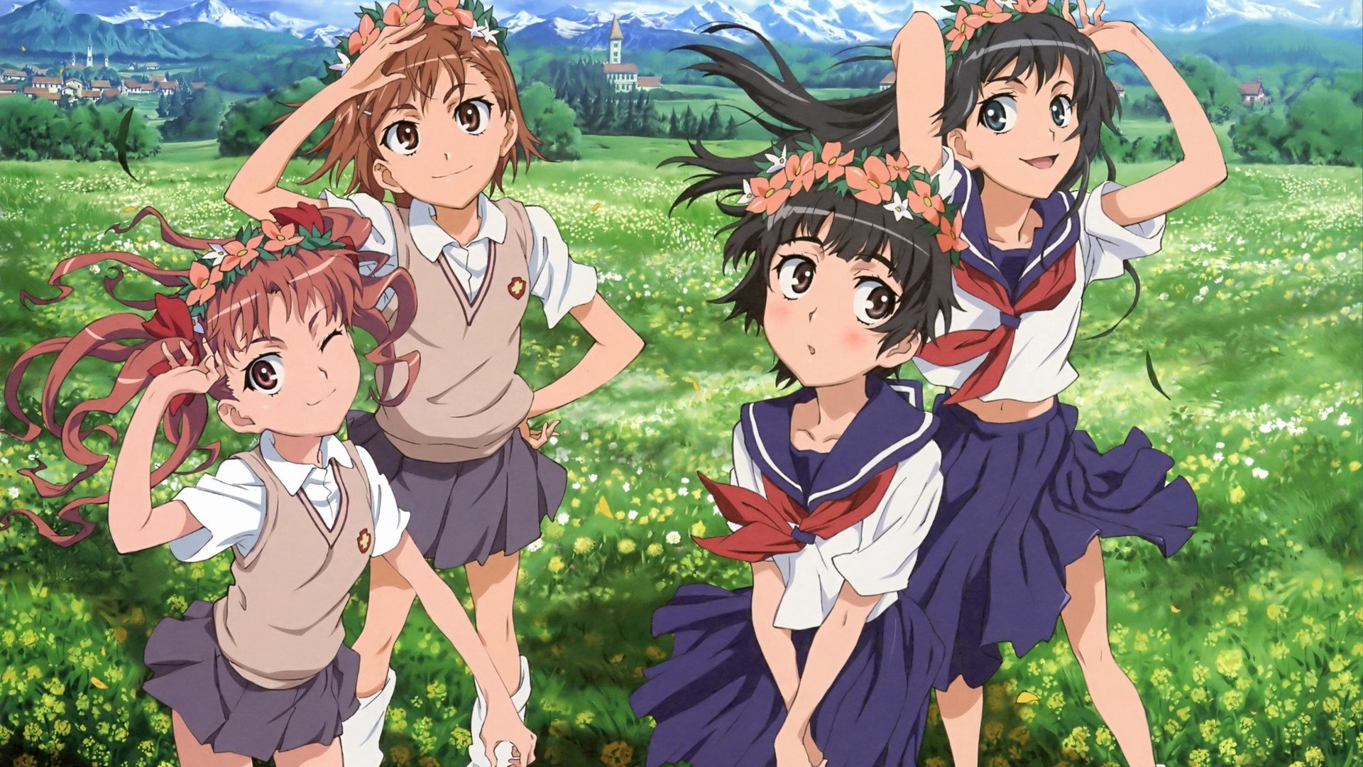 卡通人物 某科学的超电磁炮 二次元 姐妹 草地 学生 校服