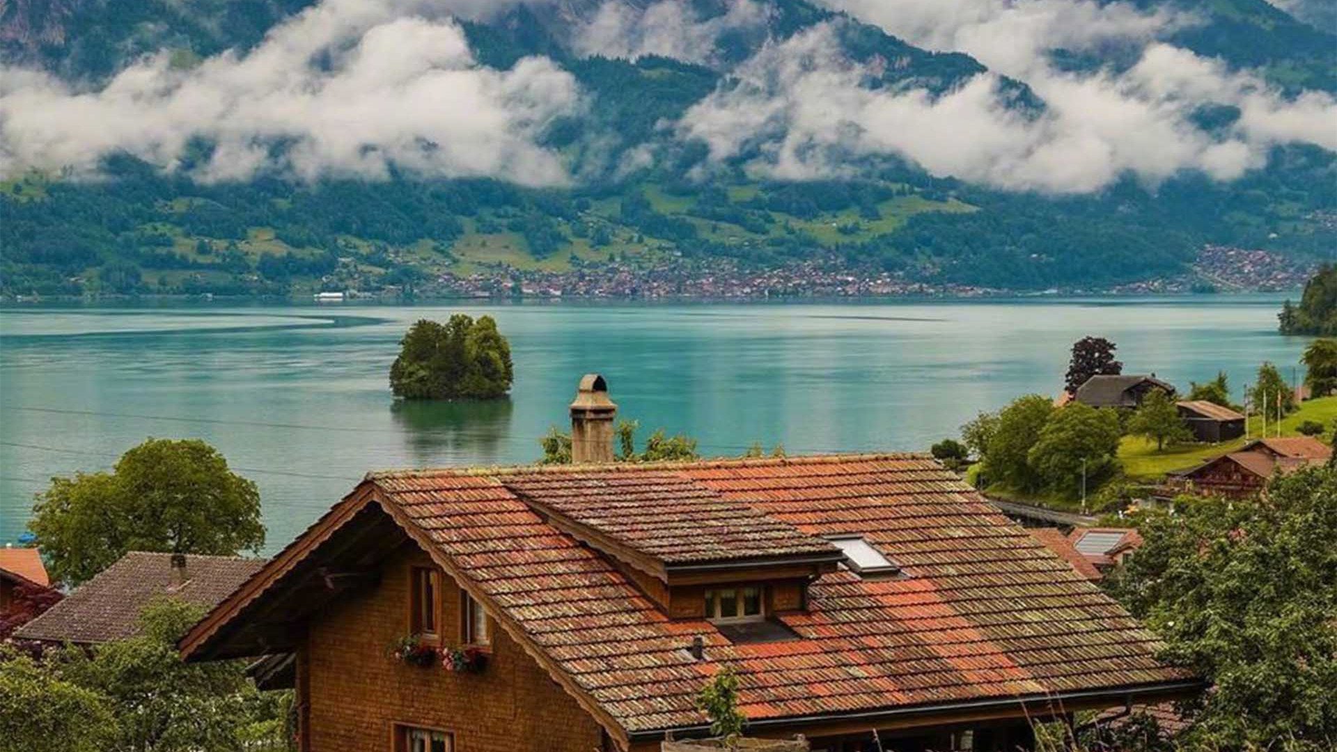 阿尔卑斯 湖 小镇 山脉