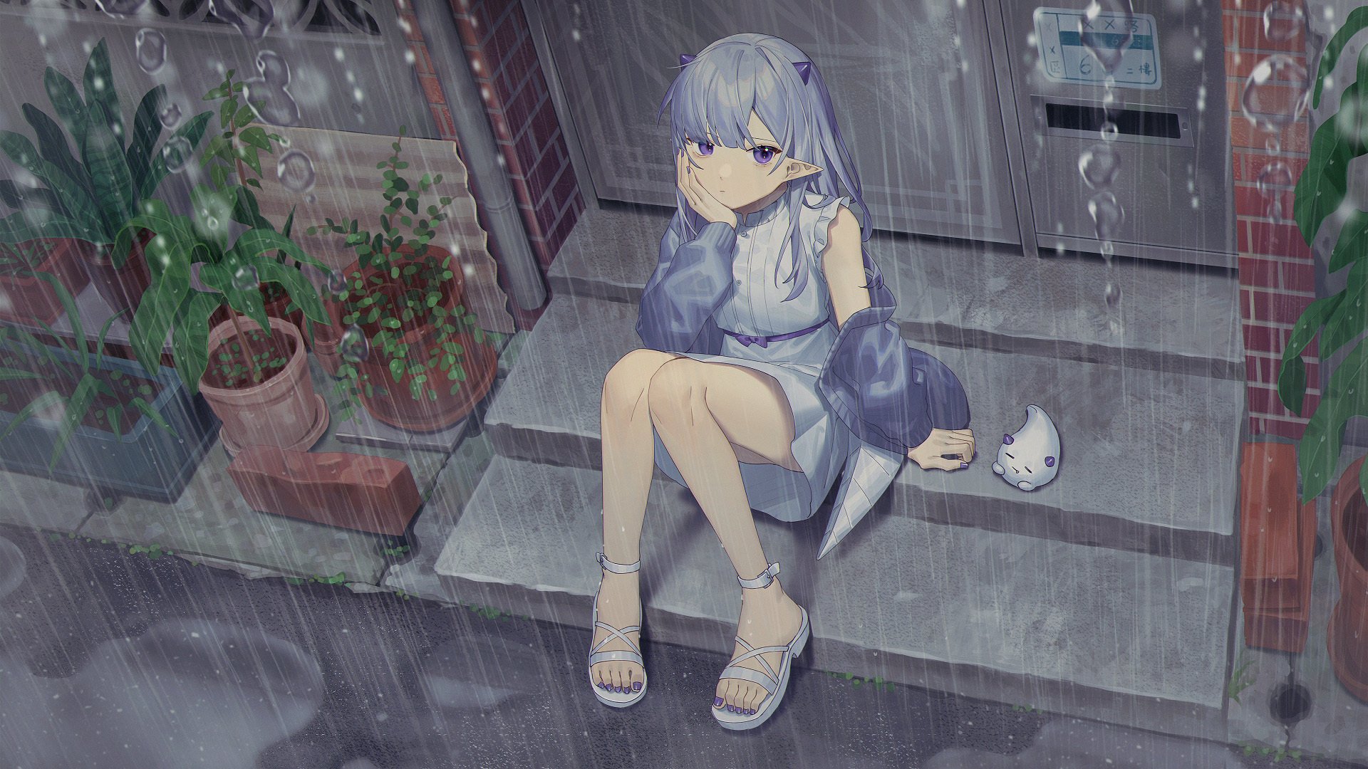 下雨天 屋檐下 台阶 精灵