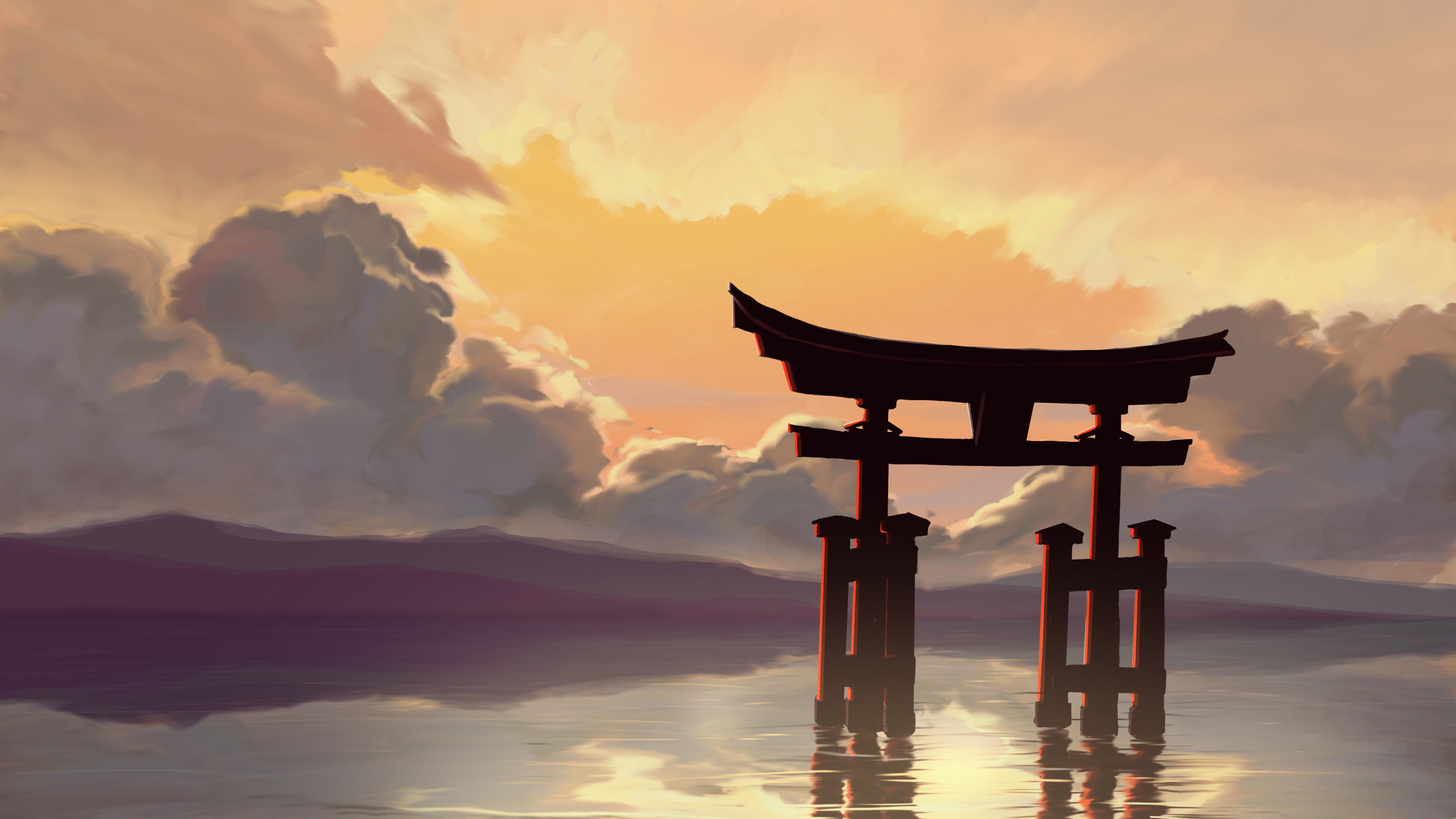 神社 倒影 黄昏 云朵 晚霞