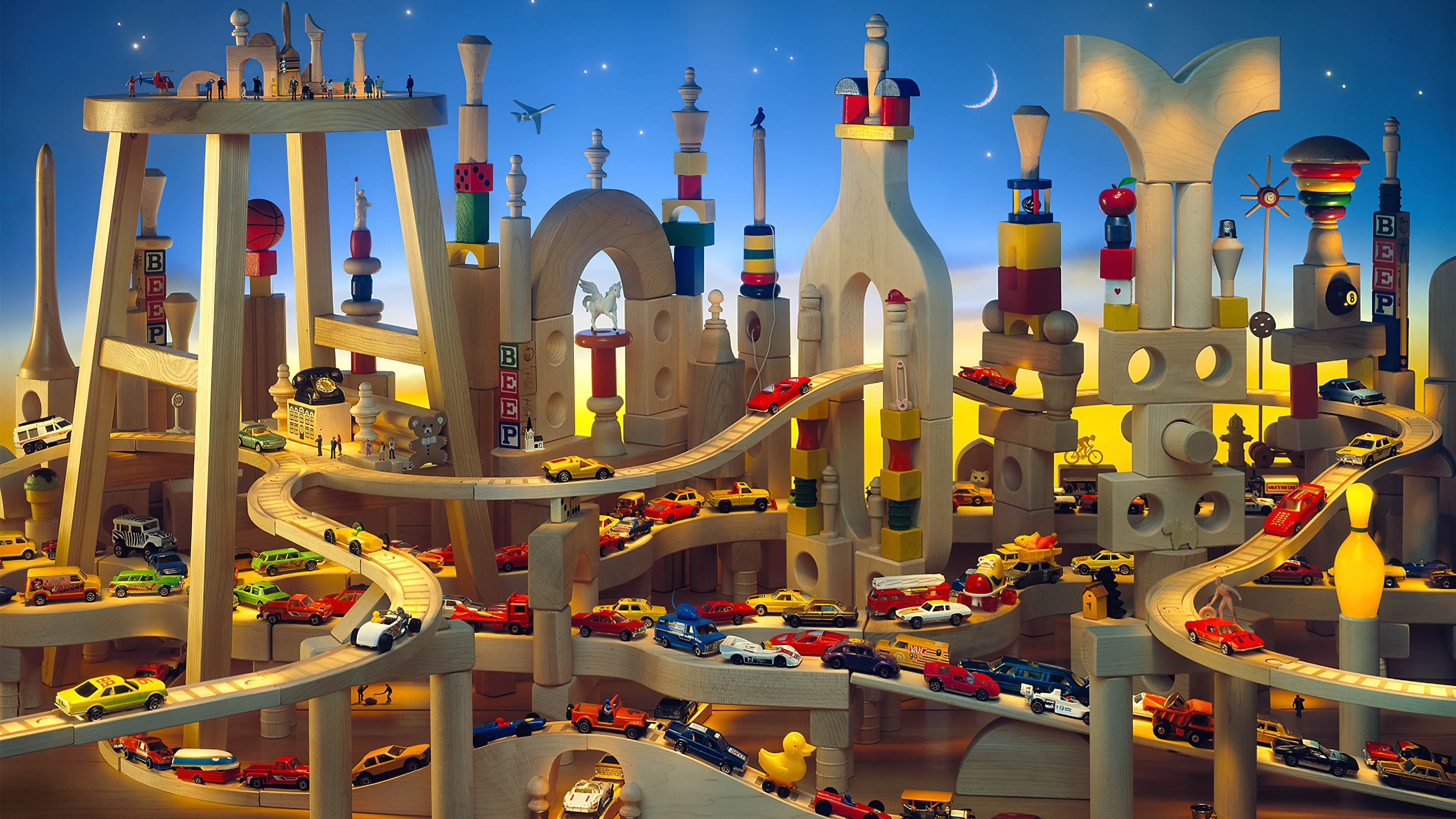 积木 汽车 玩具 月亮 天空