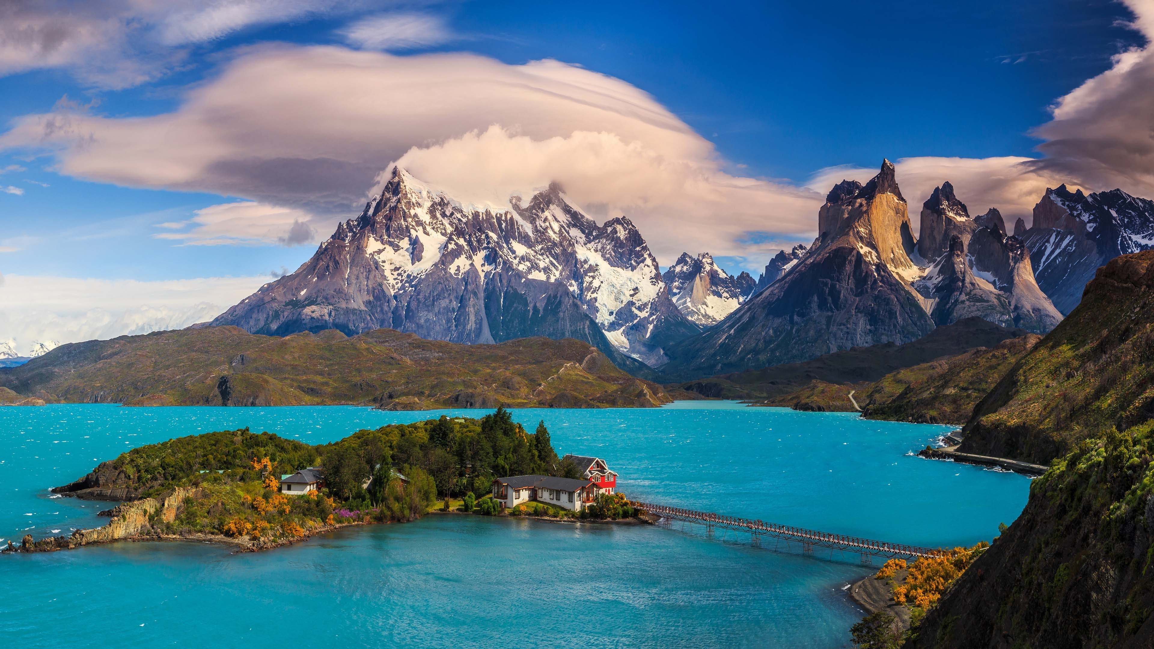 自然风光 雪山 湖心岛 桥 桃园 仙境