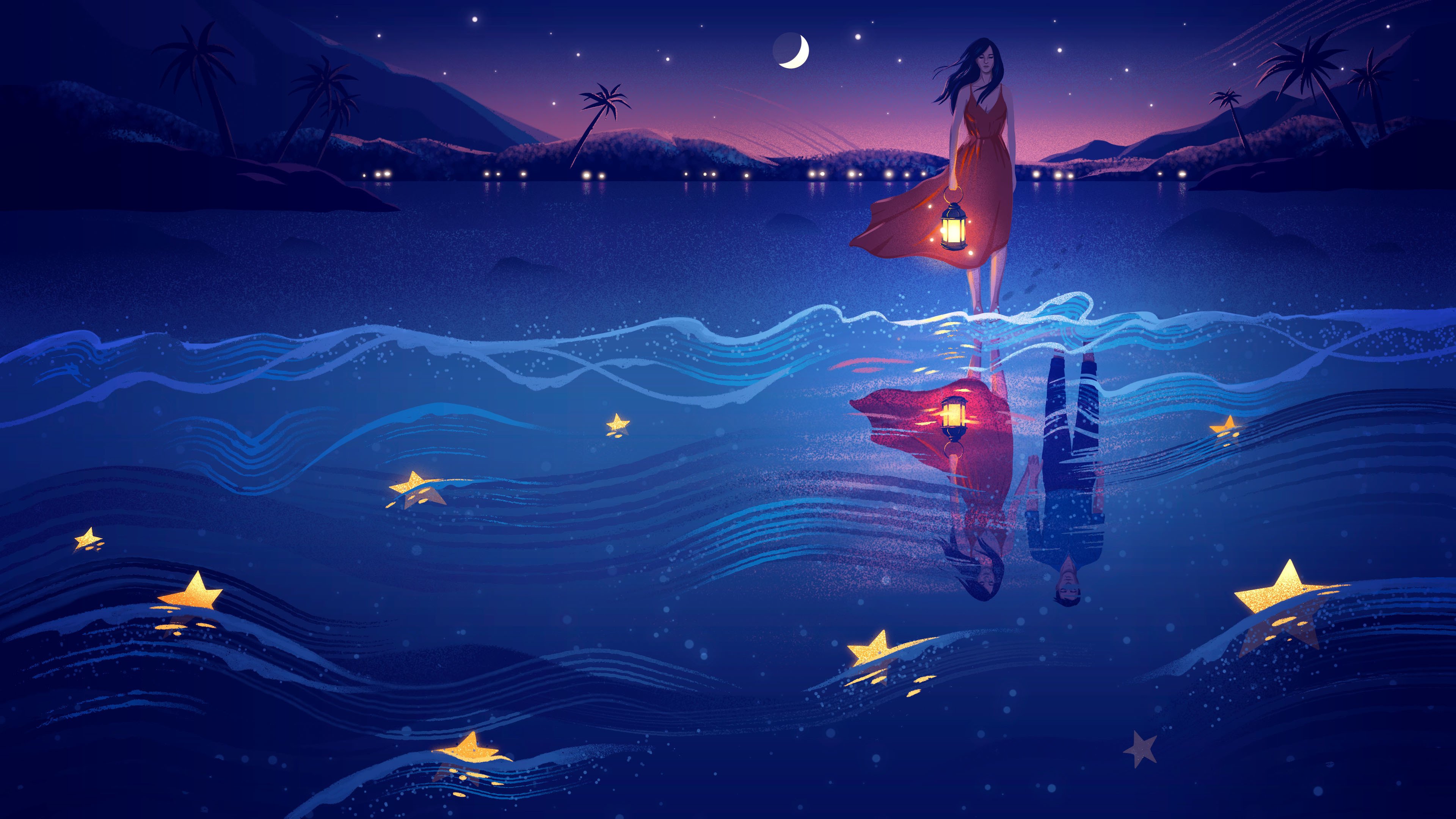 海滩 倒影 月夜 煤油灯