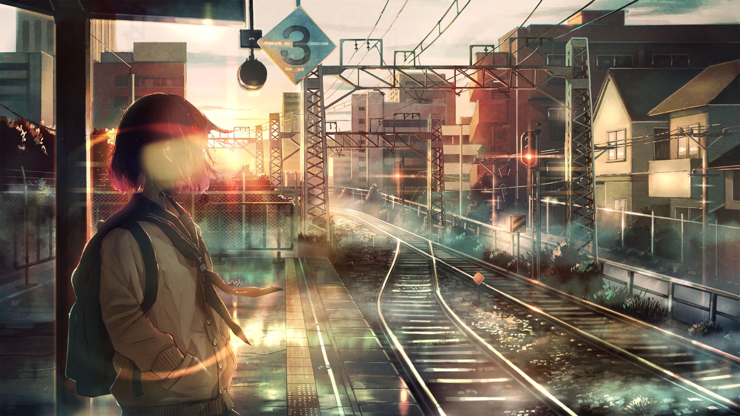 卡通人物 火车 车站 列车 铁轨 月台 逆光