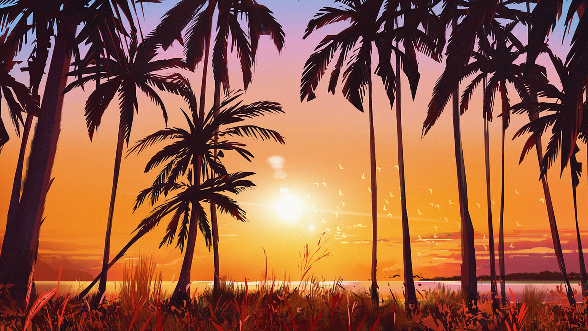 落日余晖 夕阳 椰树 沙滩