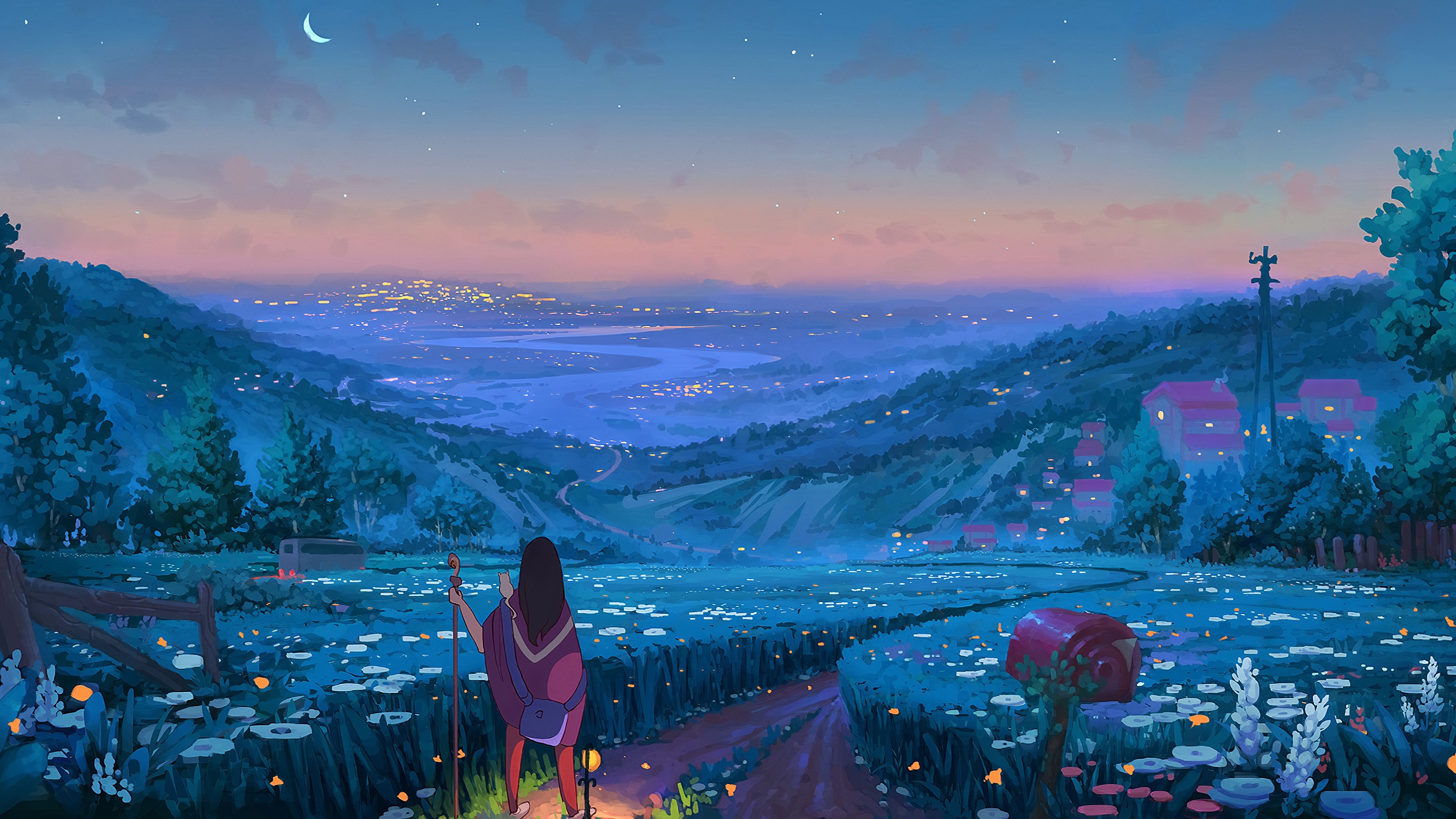 夜晚 月亮 旷野 城市